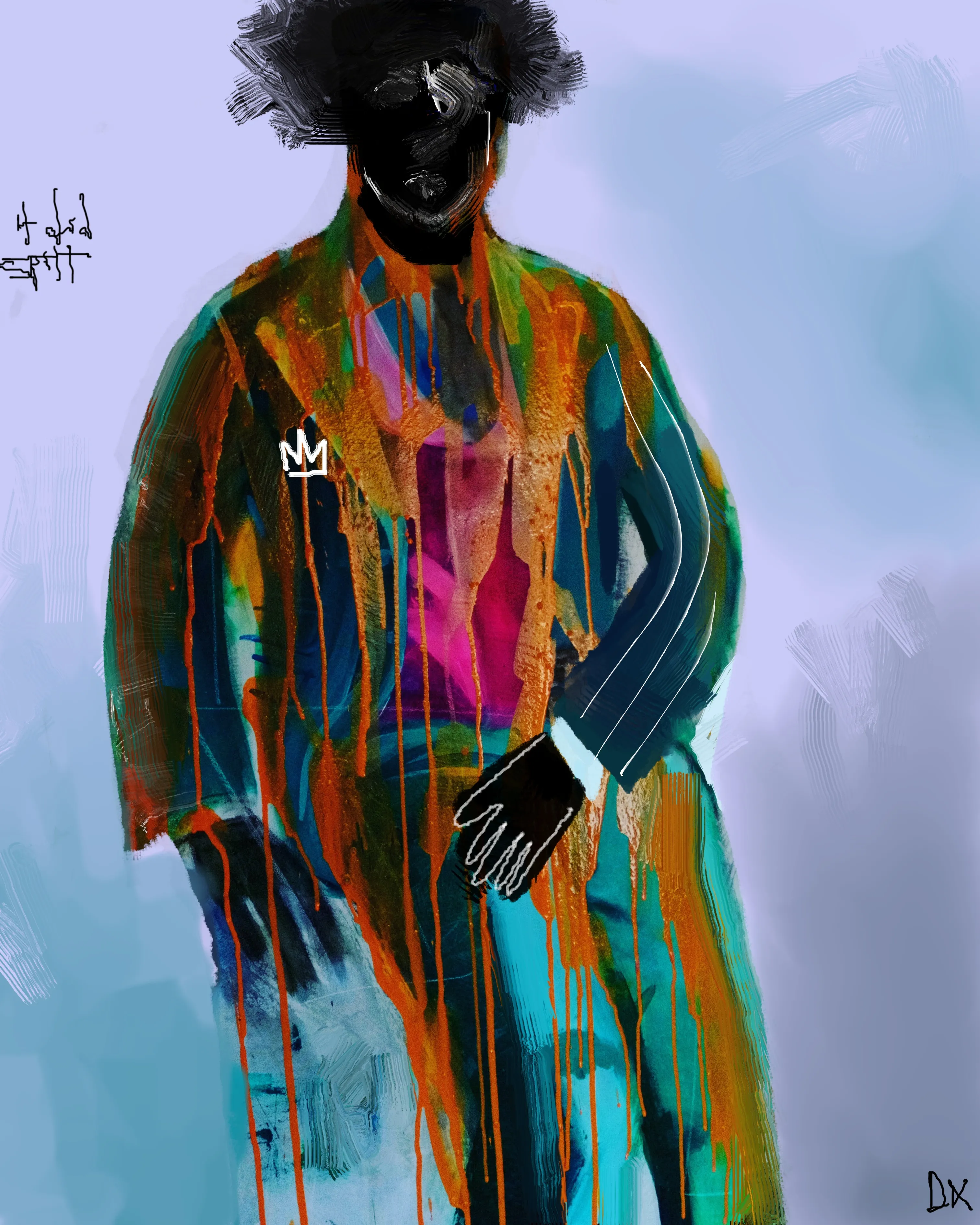 The painting"Red oil on suit" portrays a man in a green,teal suit  that bears a crown emblem, indicating his position of authority. The man is depicted with an orange spill of color starting from his shoulders, symbolizing energy and passion. Despite his impressive appearance, the painting serves as a reminder that a good reputation is more valuable than material wealth. Through its use of symbolism and striking visual imagery, this painting delivers a powerful message about the importance of maintaining moral character.
mixed media painting 