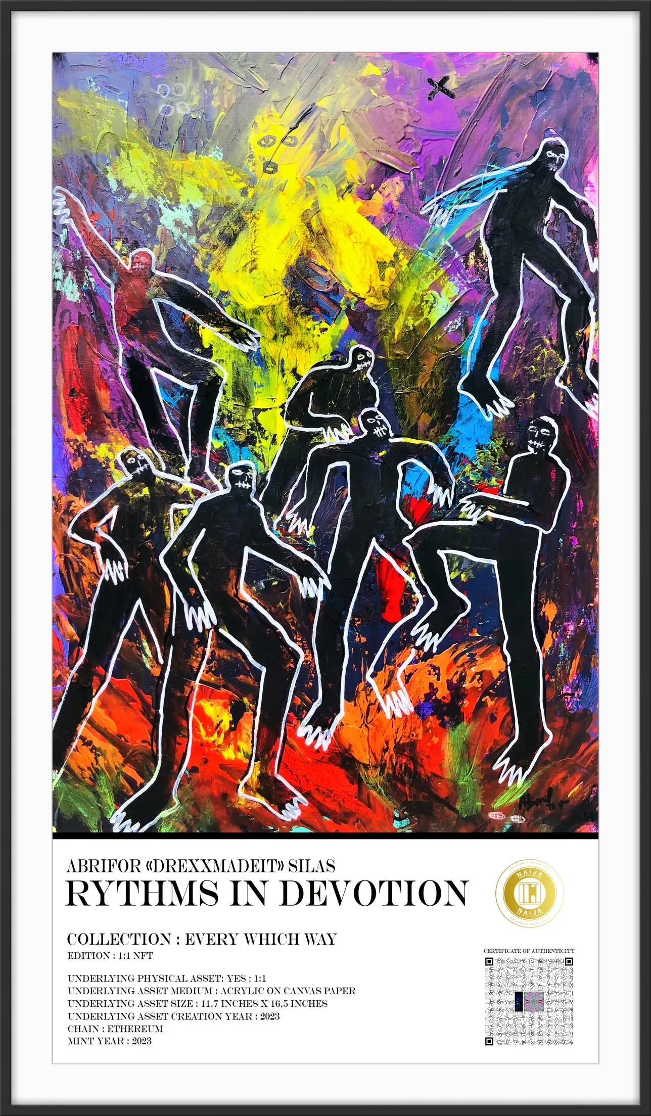 Immerse yourself in a captivating Neo Expressionism painting that beautifully incorporates elements of Nigerian culture. The artwork comes alive through an exquisite palette of warm and euphoric colors, evoking a deep sense of spirituality. Within the composition, individuals are depicted in a state of ecstatic dance, passionately driven and completely devoted. Their movements exude both a sense of abandon and rootedness, as if being swept away by an irresistible force. As the dancers whirl and sway, the very earth seems to respond, unleashing swirling dust and flickering flames, heightening the atmosphere of energy and transcendence.