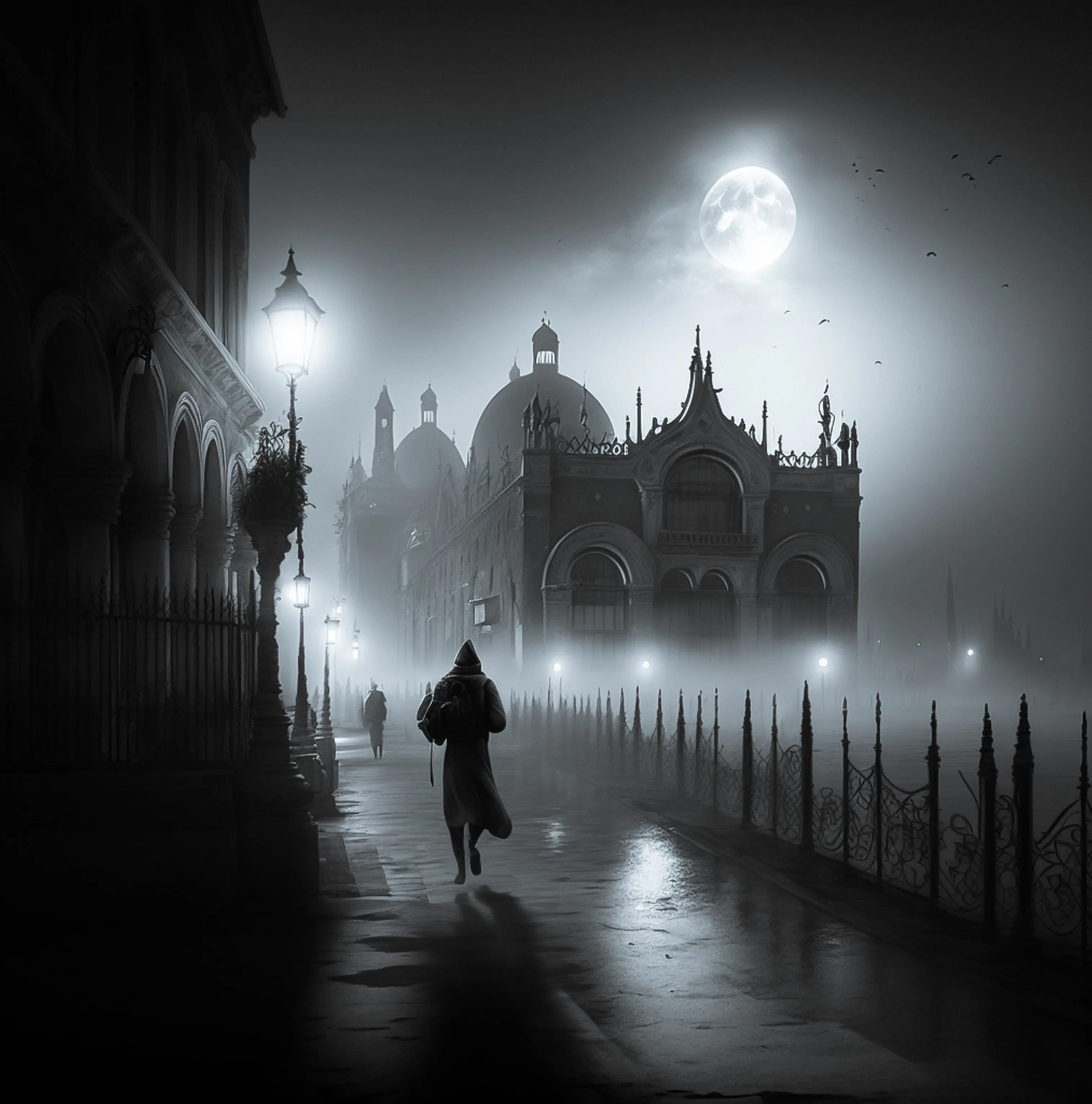 Unlock the secrets of 'Foggy Venice under the Full Moon', a captivating image that invites you on a journey into the unknown. With every detail, from the mist-shrouded city to the radiant full moon, this masterpiece invites you to imagine a story that is uniquely yours. The magnificent cathedral, the enigmatic man, walking in his long cape, they all beckon you to delve deeper and discover the mysteries hidden within. It captures the essence of eerie romance and darkness. This thought-provoking work of art is not just a piece to admire, it's an invitation to unleash your imagination and create your own tale. Embark on an unforgettable journey of the mind.
