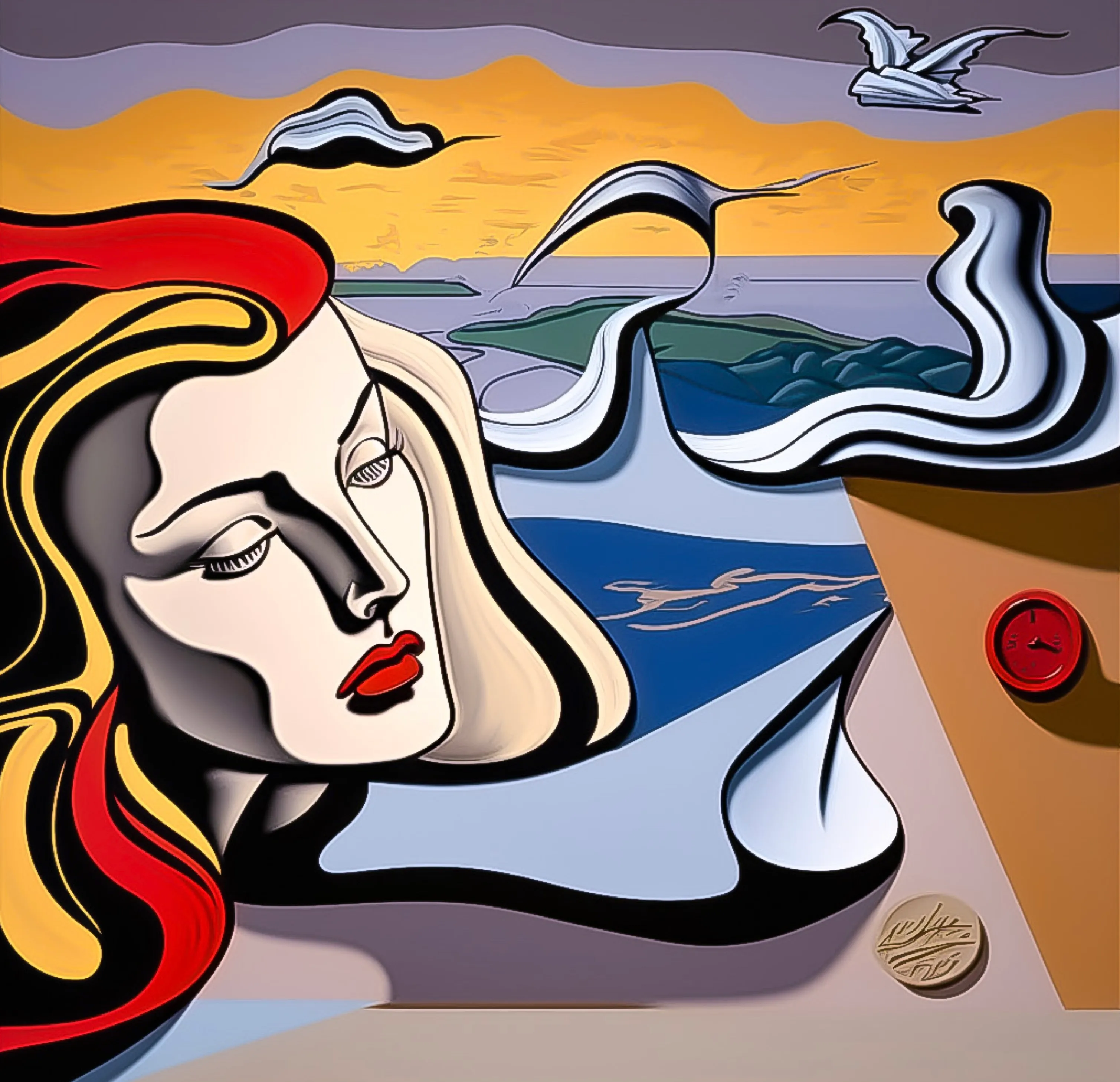 A unique blend of Dali's surrealist style and Lichtenstein's pop art style, combining the dream-like quality of Dali's work with the bold, graphic quality of Lichtenstein's work. This hypothetical collaboration between Dali and Lichtenstein challenges our perceptions of memory and time, and explores the ways in which these themes intersect and overlap.