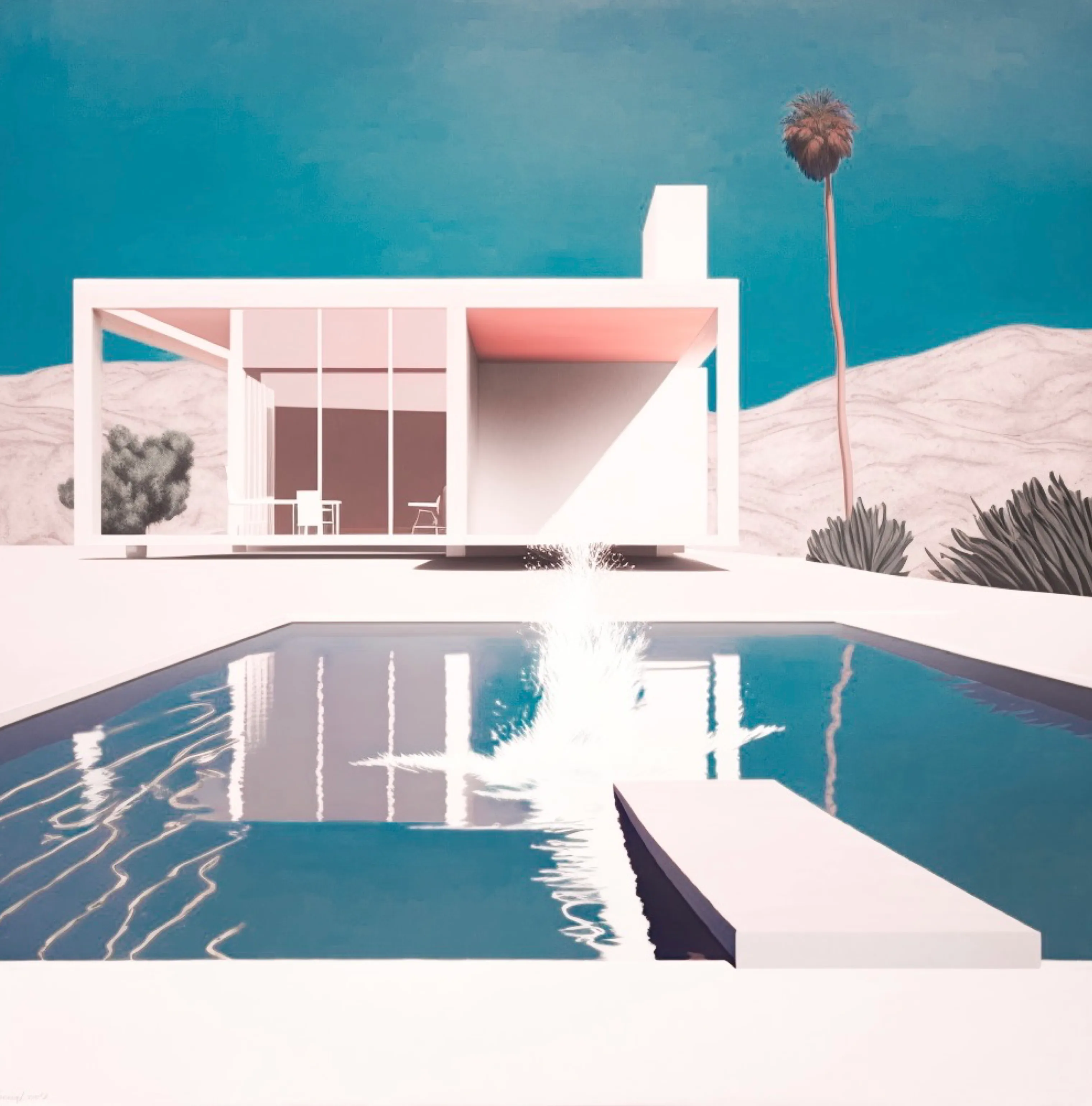 This modern take on David Hockney's 'A Bigger Splash' is a personal keepsake for the artist, who spent time in Southern California during the pandemic and now resides in the bustling city of New York. Capturing the essence of California's relaxed lifestyle in a stunning house with a shimmering blue pool, it serves as a reminder of the carefree, sun-soaked days the artist experienced while living on the West Coast. Titled 'Dive', it invites the viewer to embark on a journey into the limitless potential of AI in the realm of art, while transporting the artist back to a time and place filled with unforgettable memories.