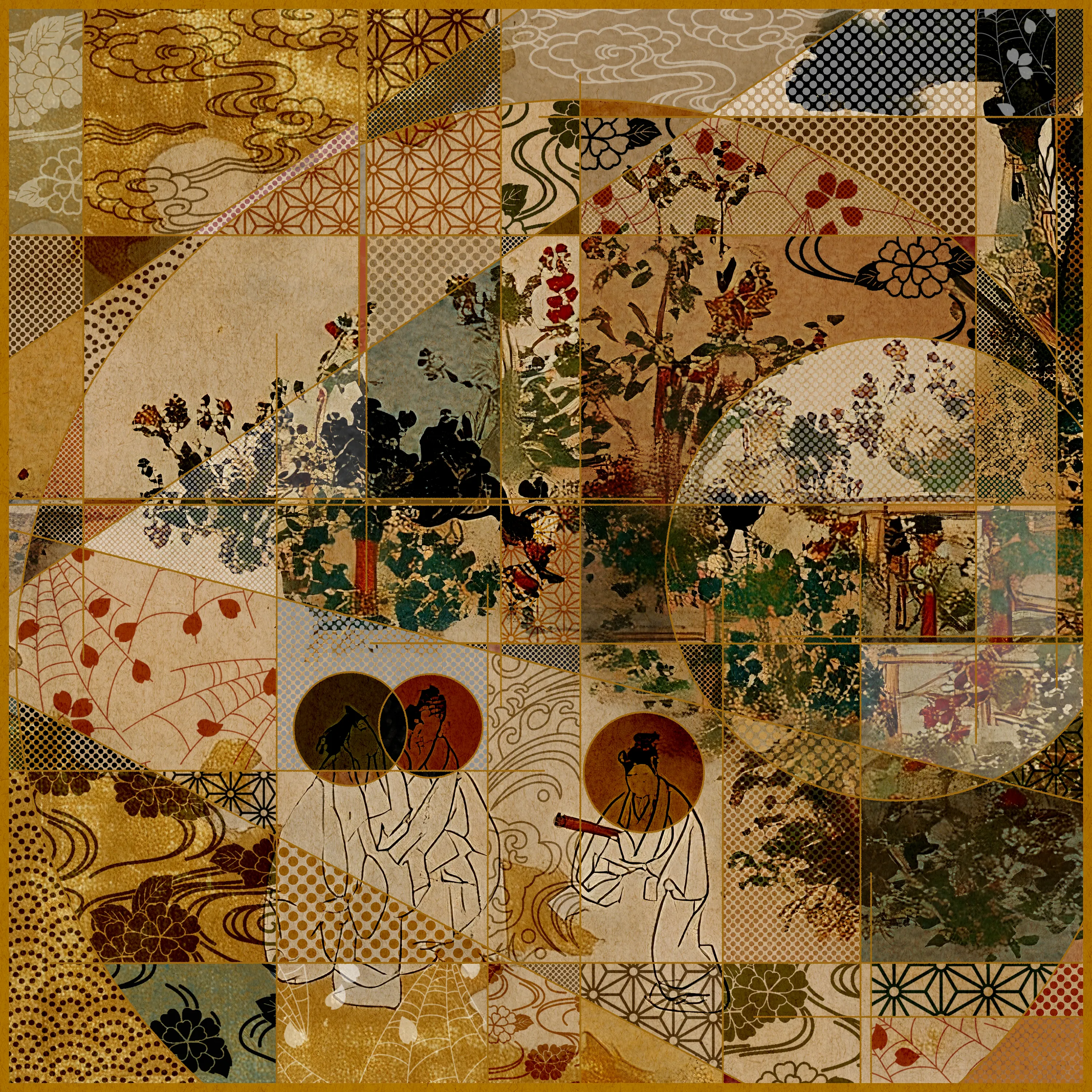 This series is an attempt to reconstruct Japanese paintings from the 11th to the 21st century using modern technology and A-Mashiro's interpretation. This time, he have used AI to recreate expressions reminiscent of paintings from the 17th to 19th centuries.
A-Mashiro's style of combining circles and straight lines is often compared to Neo-Plasticism in the early 20th century, but visually similar styles (such as Wabi and Ma) have existed in Japanese culture for a long time. In addition, patterns such as Kumiko-Zaiku, which can be found in the Japanese houses where he grew up, can also be seen in his works.
The fusion of AI-generated paintings incorporating Japanese culture and his hand-drawn artwork blends naturally, creating a new form of expression. This is an attempt by the artist himself, as a Japanese person living in the present day, to revisit the history of Japanese painting from his own perspective, as well as an exploration of how to incorporate AI technology into his work.Additionally, by releasing this work in the NFT format and completing the entire creative process digitally, it has become a work that more fully reflects the current era.