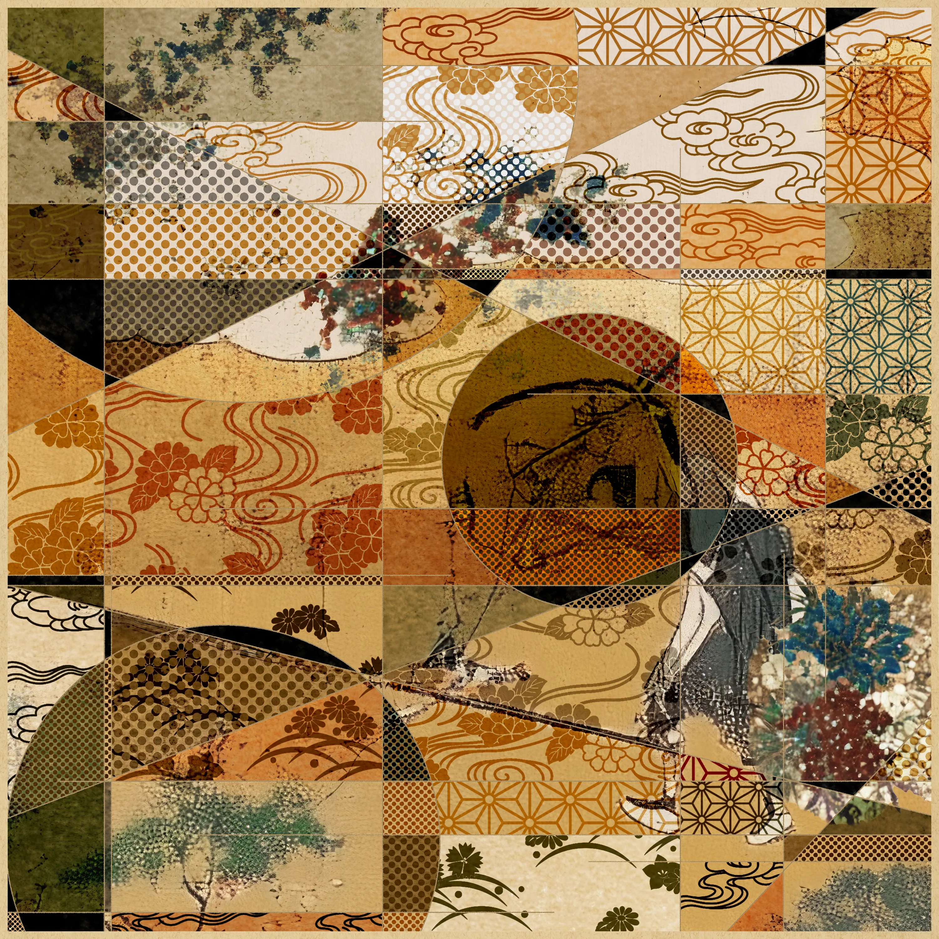 This series is an attempt to reconstruct Japanese paintings from the 11th to the 21st century using modern technology and A-Mashiro's interpretation. This time, he have used AI to recreate expressions reminiscent of paintings from the 17th to 19th centuries.
A-Mashiro's style of combining circles and straight lines is often compared to Neo-Plasticism in the early 20th century, but visually similar styles (such as Wabi and Ma) have existed in Japanese culture for a long time. In addition, patterns such as Kumiko-Zaiku, which can be found in the Japanese houses where he grew up, can also be seen in his works.
The fusion of AI-generated paintings incorporating Japanese culture and his hand-drawn artwork blends naturally, creating a new form of expression. This is an attempt by the artist himself, as a Japanese person living in the present day, to revisit the history of Japanese painting from his own perspective, as well as an exploration of how to incorporate AI technology into his work.Additionally, by releasing this work in the NFT format and completing the entire creative process digitally, it has become a work that more fully reflects the current era.