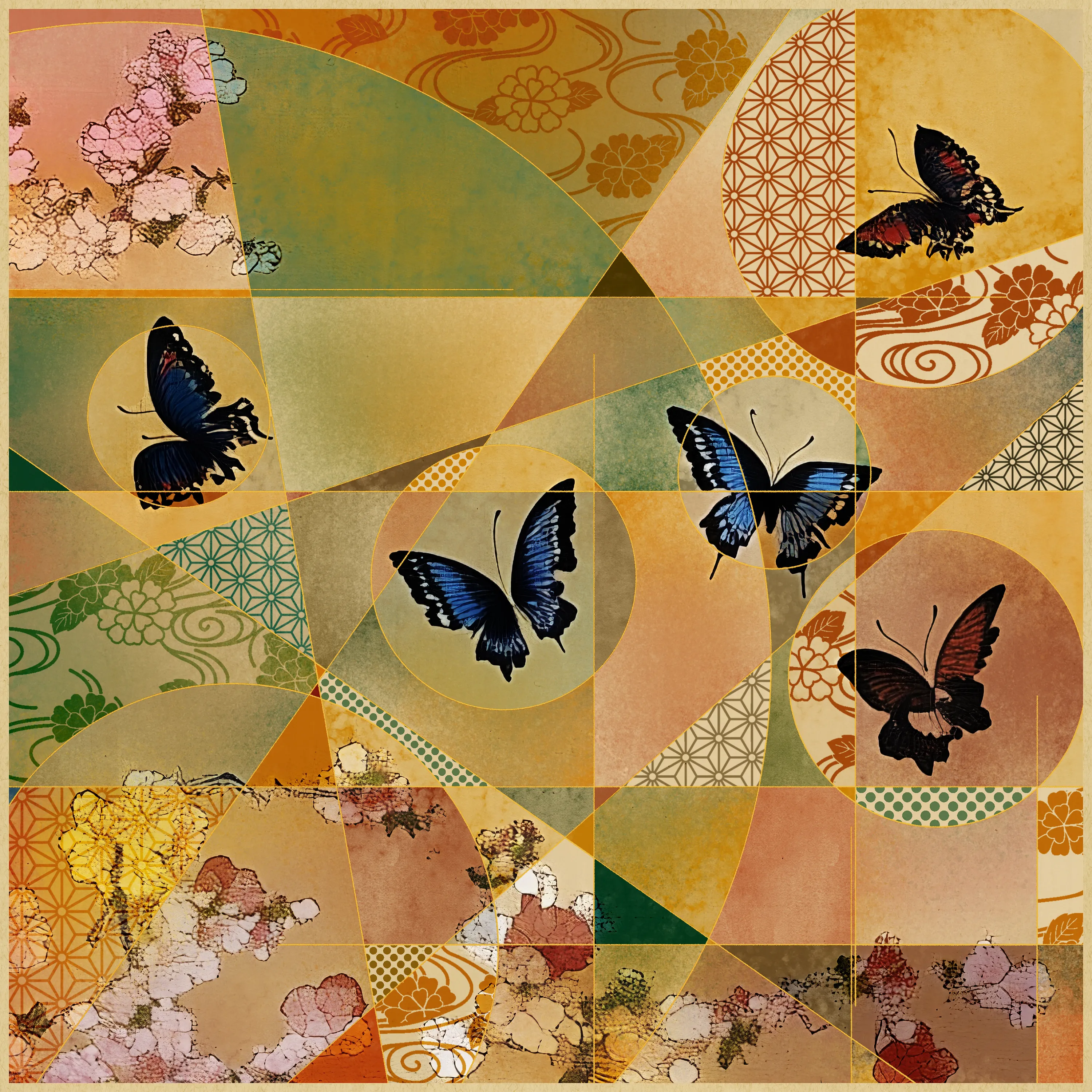 This series is an attempt to reconstruct Japanese paintings from the 11th to the 21st century using modern technology and A-Mashiro's interpretation. This time, he have used AI to recreate expressions reminiscent of paintings from the 17th to 19th centuries.
A-Mashiro's style of combining circles and straight lines is often compared to Neo-Plasticism in the early 20th century, but visually similar styles (such as Wabi and Ma) have existed in Japanese culture for a long time. In addition, patterns such as Kumiko-Zaiku, which can be found in the Japanese houses where he grew up, can also be seen in his works.
The fusion of AI-generated paintings incorporating Japanese culture and his hand-drawn artwork blends naturally, creating a new form of expression. This is an attempt by the artist himself, as a Japanese person living in the present day, to revisit the history of Japanese painting from his own perspective, as well as an exploration of how to incorporate AI technology into his work.Additionally, by releasing this work in the NFT format and completing the entire creative process digitally, it has become a work that more fully reflects the current era.