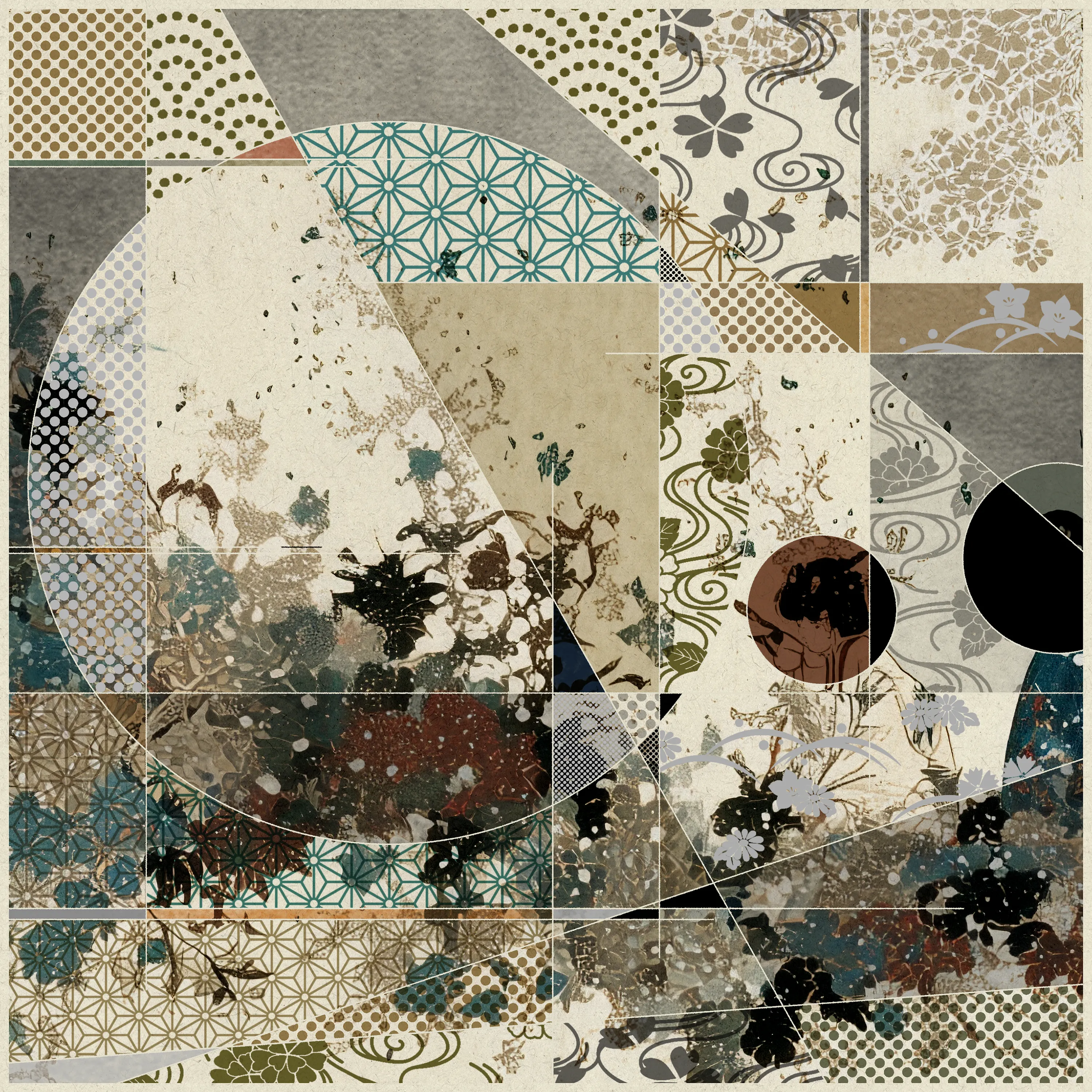 This series is an attempt to reconstruct Japanese paintings from the 11th to the 21st century using modern technology and A-Mashiro's interpretation. This time, he have used AI to recreate expressions reminiscent of paintings from the 17th to 19th centuries.
A-Mashiro's style of combining circles and straight lines is often compared to Neo-Plasticism in the early 20th century, but visually similar styles (such as Wabi and Ma) have existed in Japanese culture for a long time. In addition, patterns such as Kumiko-Zaiku, which can be found in the Japanese houses where he grew up, can also be seen in his works.
The fusion of AI-generated paintings incorporating Japanese culture and his hand-drawn artwork blends naturally, creating a new form of expression. This is an attempt by the artist himself, as a Japanese person living in the present day, to revisit the history of Japanese painting from his own perspective, as well as an exploration of how to incorporate AI technology into his work.Additionally, by releasing this work in the NFT format and completing the entire creative process digitally, it has become a work that more fully reflects the current era.