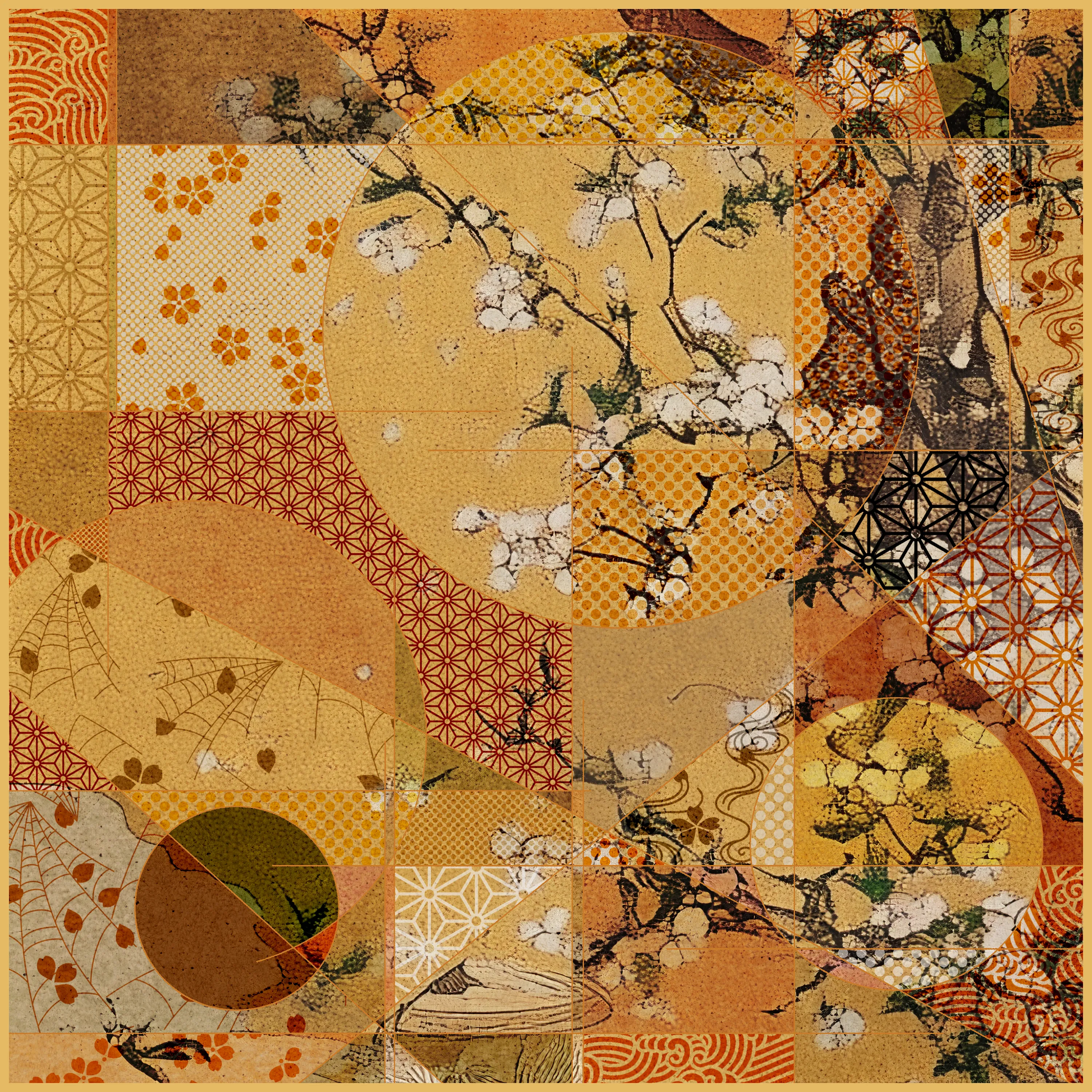 This series is an attempt to reconstruct Japanese paintings from the 11th to the 21st century using modern technology and A-Mashiro's interpretation. This time, he have used AI to recreate expressions reminiscent of paintings from the 17th to 19th centuries.
A-Mashiro's style of combining circles and straight lines is often compared to Neo-Plasticism in the early 20th century, but visually similar styles (such as Wabi and Ma) have existed in Japanese culture for a long time. In addition, patterns such as Kumiko-Zaiku, which can be found in the Japanese houses where he grew up, can also be seen in his works.
The fusion of AI-generated paintings incorporating Japanese culture and his hand-drawn artwork blends naturally, creating a new form of expression. This is an attempt by the artist himself, as a Japanese person living in the present day, to revisit the history of Japanese painting from his own perspective, as well as an exploration of how to incorporate AI technology into his work.Additionally, by releasing this work in the NFT format and completing the entire creative process digitally, it has become a work that more fully reflects the current era.