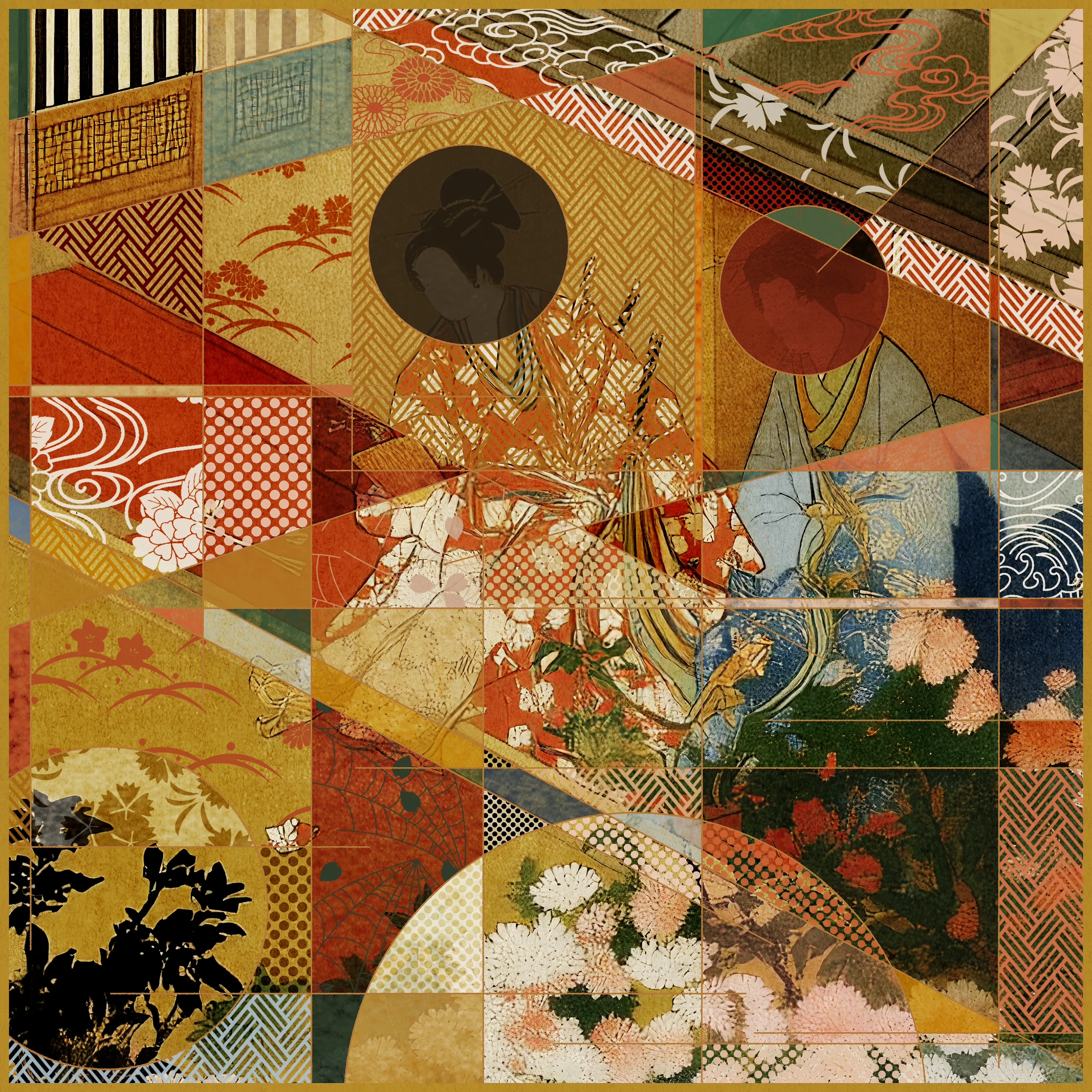 This series is an attempt to reconstruct Japanese paintings from the 11th to the 21st century using modern technology and A-Mashiro's interpretation. This time, he have used AI to recreate expressions reminiscent of paintings from the 17th to 19th centuries.
A-Mashiro's style of combining circles and straight lines is often compared to Neo-Plasticism in the early 20th century, but visually similar styles (such as Wabi and Ma) have existed in Japanese culture for a long time. In addition, patterns such as Kumiko-Zaiku, which can be found in the Japanese houses where he grew up, can also be seen in his works.
The fusion of AI-generated paintings incorporating Japanese culture and his hand-drawn artwork blends naturally, creating a new form of expression. This is an attempt by the artist himself, as a Japanese person living in the present day, to revisit the history of Japanese painting from his own perspective, as well as an exploration of how to incorporate AI technology into his work.Additionally, by releasing this work in the NFT format and completing the entire creative process digitally, it has become a work that more fully reflects the current era.
