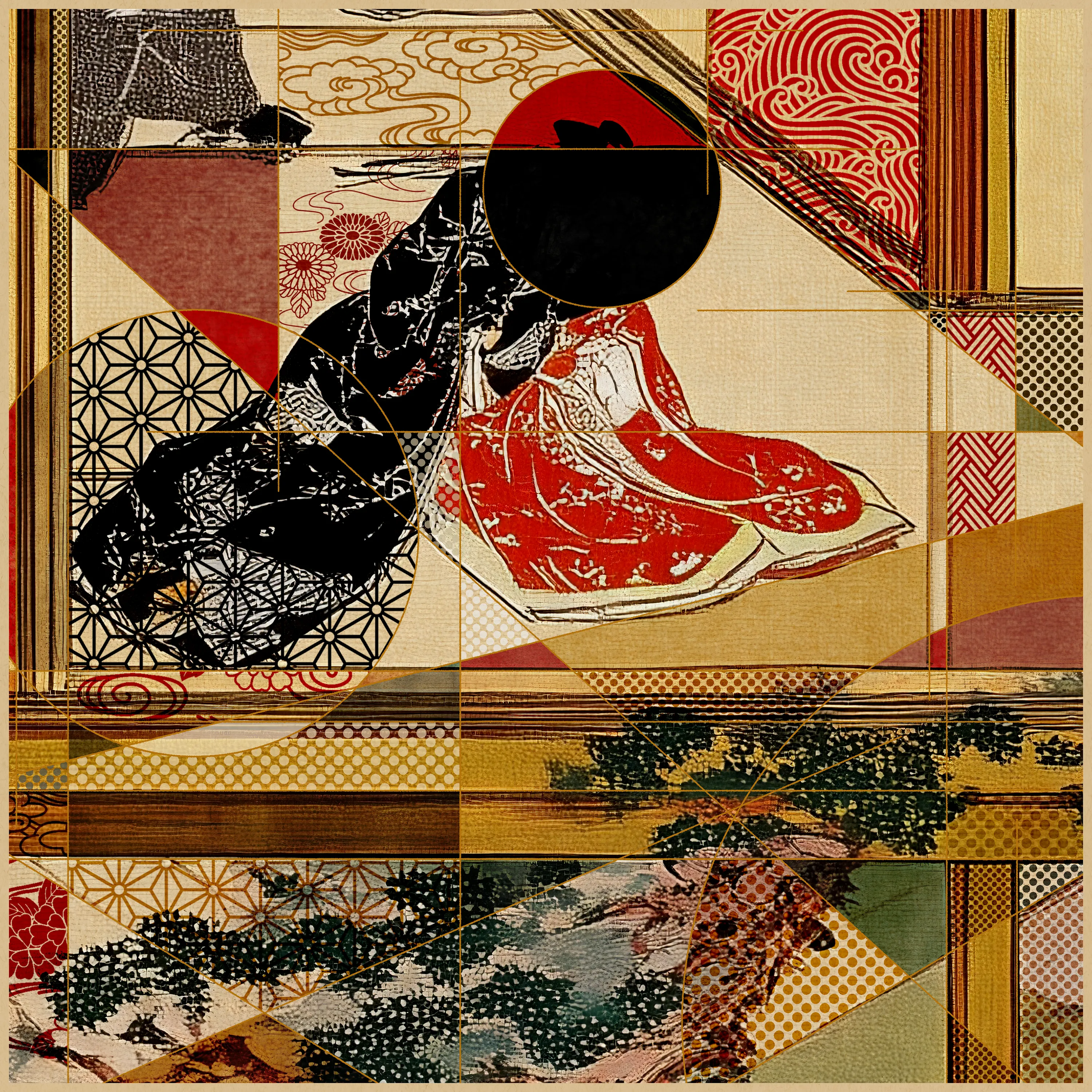 This series is an attempt to reconstruct Japanese paintings from the 11th to the 21st century using modern technology and A-Mashiro's interpretation. This time, he have used AI to recreate expressions reminiscent of paintings from the 17th to 19th centuries.
A-Mashiro's style of combining circles and straight lines is often compared to Neo-Plasticism in the early 20th century, but visually similar styles (such as Wabi and Ma) have existed in Japanese culture for a long time. In addition, patterns such as Kumiko-Zaiku, which can be found in the Japanese houses where he grew up, can also be seen in his works.
The fusion of AI-generated paintings incorporating Japanese culture and his hand-drawn artwork blends naturally, creating a new form of expression. This is an attempt by the artist himself, as a Japanese person living in the present day, to revisit the history of Japanese painting from his own perspective, as well as an exploration of how to incorporate AI technology into his work.Additionally, by releasing this work in the NFT format and completing the entire creative process digitally, it has become a work that more fully reflects the current era.
