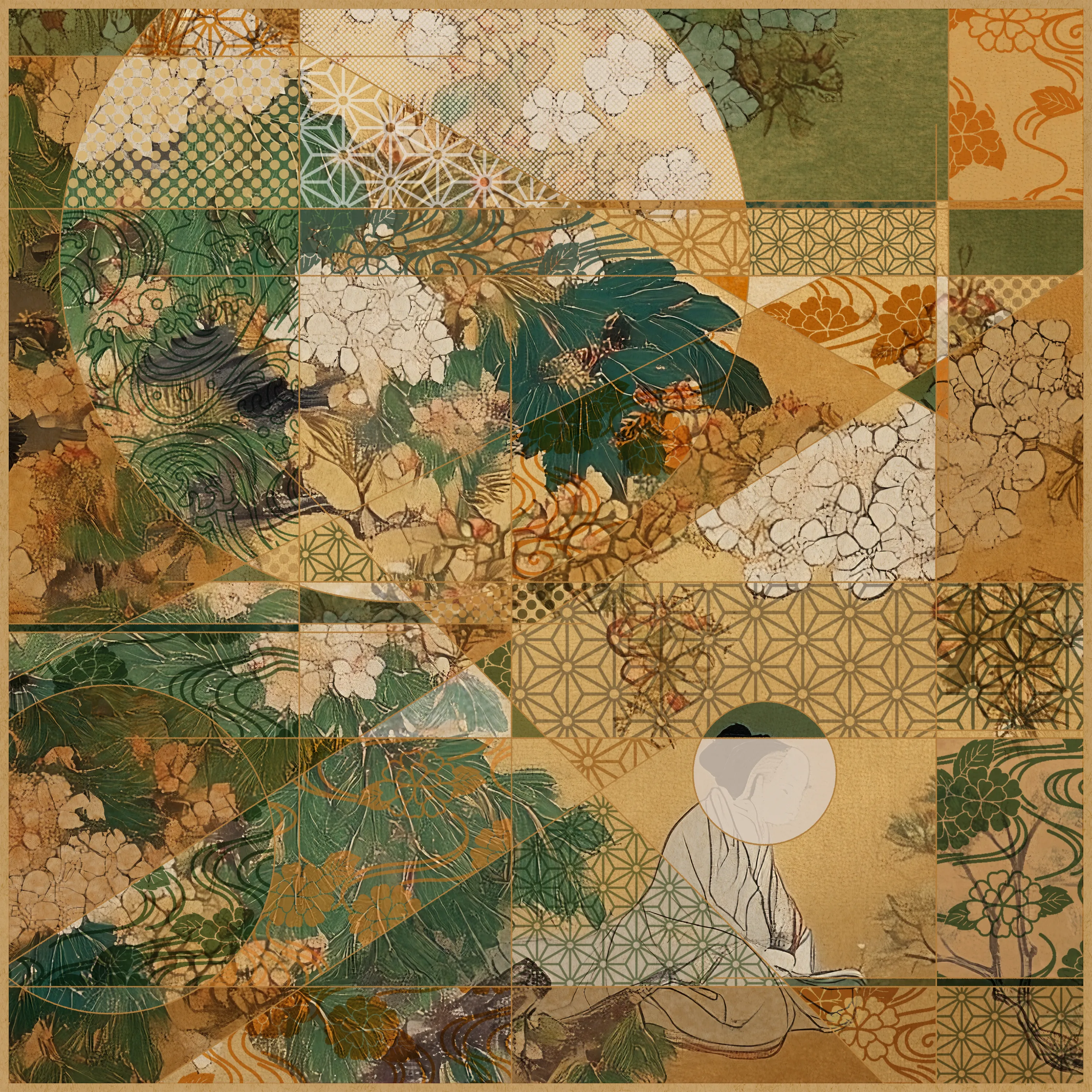 This series is an attempt to reconstruct Japanese paintings from the 11th to the 21st century using modern technology and A-Mashiro's interpretation. This time, he have used AI to recreate expressions reminiscent of paintings from the 17th to 19th centuries.
A-Mashiro's style of combining circles and straight lines is often compared to Neo-Plasticism in the early 20th century, but visually similar styles (such as Wabi and Ma) have existed in Japanese culture for a long time. In addition, patterns such as Kumiko-Zaiku, which can be found in the Japanese houses where he grew up, can also be seen in his works.
The fusion of AI-generated paintings incorporating Japanese culture and his hand-drawn artwork blends naturally, creating a new form of expression. This is an attempt by the artist himself, as a Japanese person living in the present day, to revisit the history of Japanese painting from his own perspective, as well as an exploration of how to incorporate AI technology into his work.Additionally, by releasing this work in the NFT format and completing the entire creative process digitally, it has become a work that more fully reflects the current era.