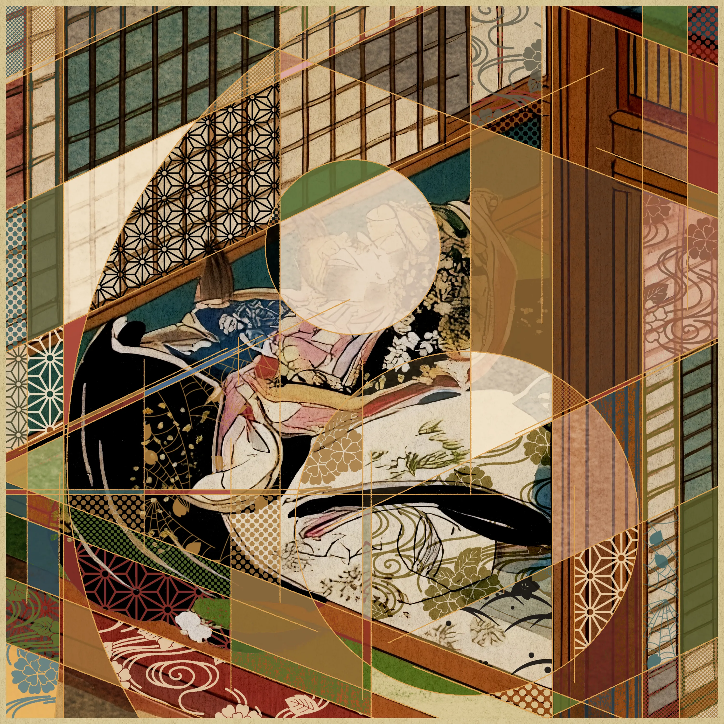 This series is an attempt to reconstruct Japanese paintings from the 11th to the 21st century using modern technology and A-Mashiro's interpretation. This time, he have used AI to recreate expressions reminiscent of paintings from the 17th to 19th centuries.
A-Mashiro's style of combining circles and straight lines is often compared to Neo-Plasticism in the early 20th century, but visually similar styles (such as Wabi and Ma) have existed in Japanese culture for a long time. In addition, patterns such as Kumiko-Zaiku, which can be found in the Japanese houses where he grew up, can also be seen in his works.
The fusion of AI-generated paintings incorporating Japanese culture and his hand-drawn artwork blends naturally, creating a new form of expression. This is an attempt by the artist himself, as a Japanese person living in the present day, to revisit the history of Japanese painting from his own perspective, as well as an exploration of how to incorporate AI technology into his work.Additionally, by releasing this work in the NFT format and completing the entire creative process digitally, it has become a work that more fully reflects the current era.