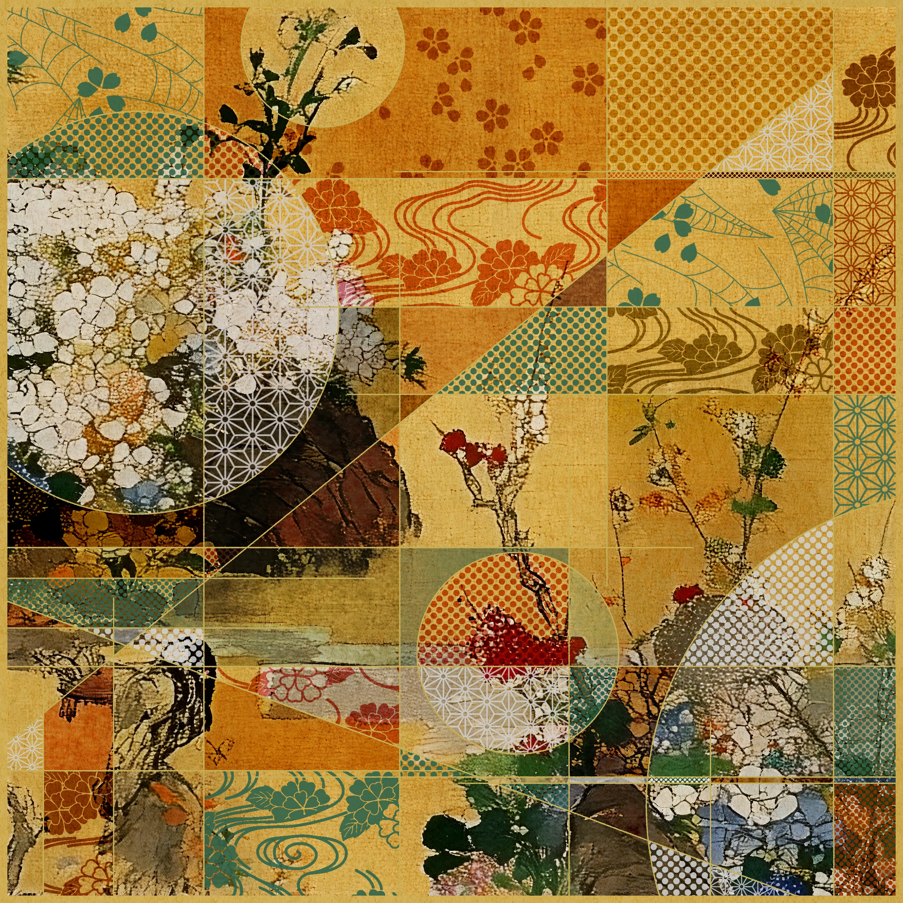 This series is an attempt to reconstruct Japanese paintings from the 11th to the 21st century using modern technology and A-Mashiro's interpretation. This time, he have used AI to recreate expressions reminiscent of paintings from the 17th to 19th centuries.
A-Mashiro's style of combining circles and straight lines is often compared to Neo-Plasticism in the early 20th century, but visually similar styles (such as Wabi and Ma) have existed in Japanese culture for a long time. In addition, patterns such as Kumiko-Zaiku, which can be found in the Japanese houses where he grew up, can also be seen in his works.
The fusion of AI-generated paintings incorporating Japanese culture and his hand-drawn artwork blends naturally, creating a new form of expression. This is an attempt by the artist himself, as a Japanese person living in the present day, to revisit the history of Japanese painting from his own perspective, as well as an exploration of how to incorporate AI technology into his work.Additionally, by releasing this work in the NFT format and completing the entire creative process digitally, it has become a work that more fully reflects the current era.