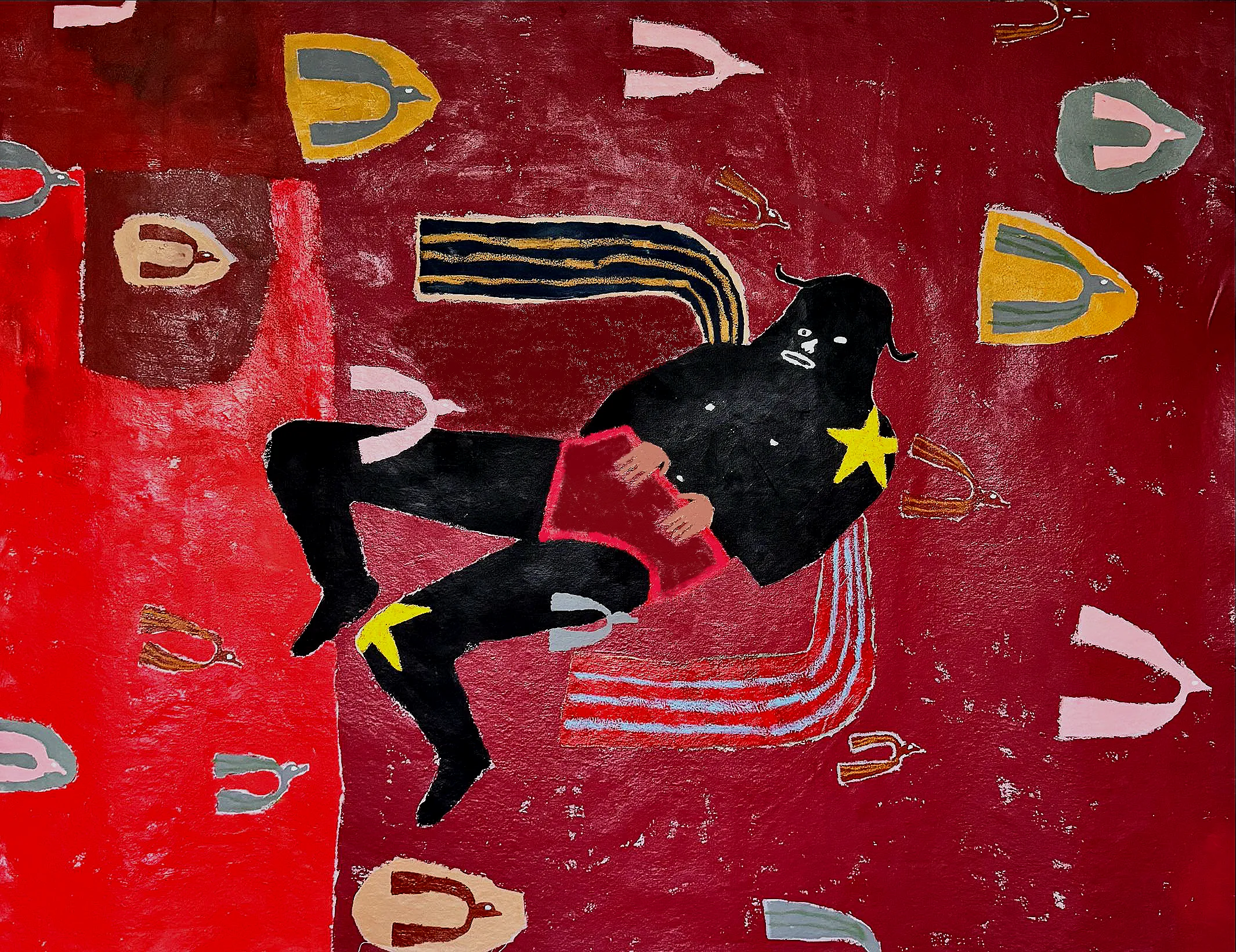 over where I roam and dwell, living outside of the moment. outside of the reality below me, with a bird’s eye view of it all. seemingly I soar farther in my head, right behind the light in my eyes. I’ve caught myself again flying high, somewhere among the birds. 

acrylic, oil pastel and oil stick on canvas 
47x60 inches 