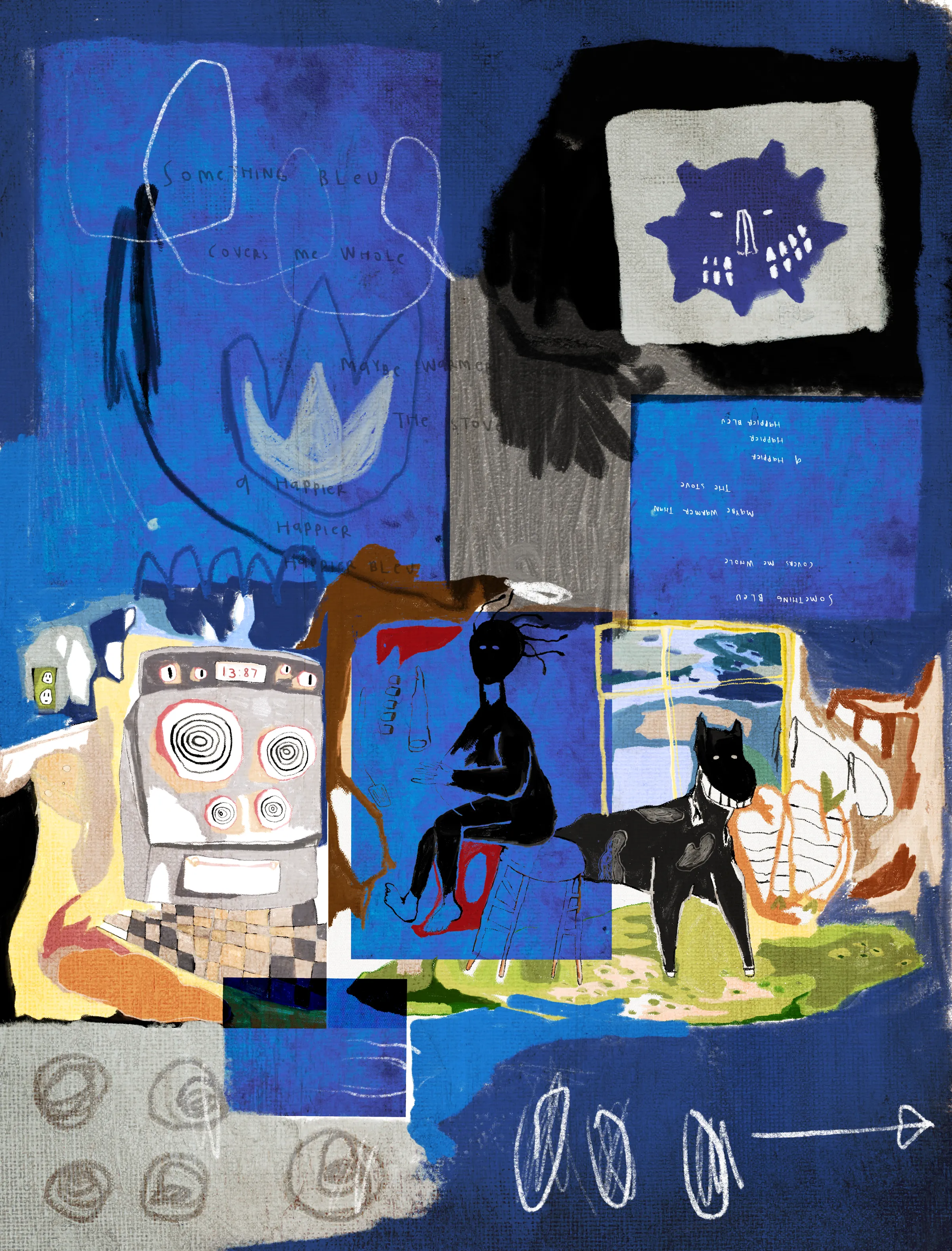 something bleu covers me whole, maybe warmer than the stove. a happier bleu. 

Mixed media digital collage with physically scanned assets. October 2022, Procreate, Art Set 4 & Art Rage Vitae. 

Contains Tjo's Creative Commons licensing (CC0) of BLeU, September 2022.