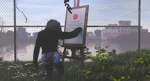 3D Rendered place，a Mandrill is sketching in front of an unseen landscape，“This content cannot be read due to violation”is the most common sentence on my phone recently