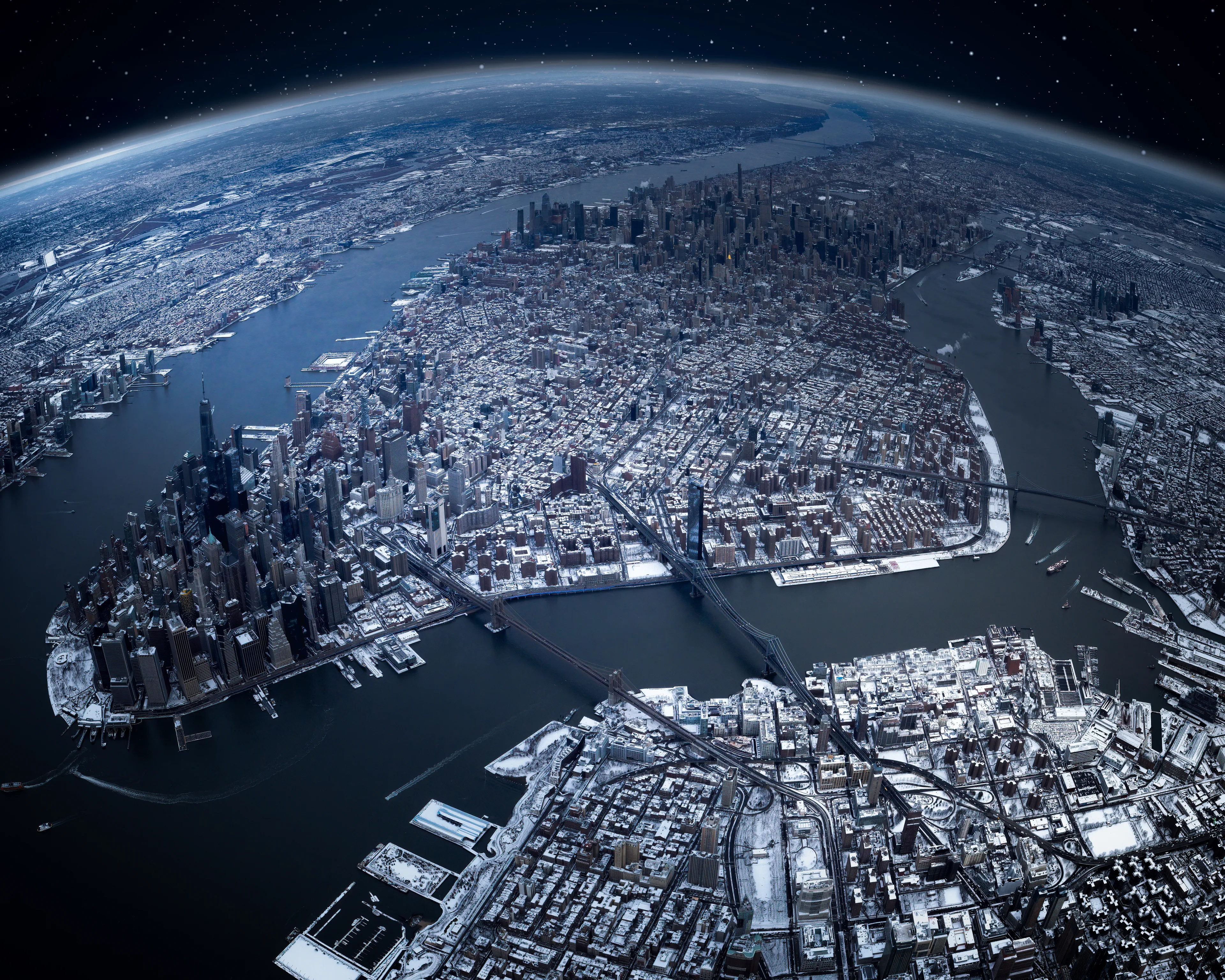 Oftentimes, New Yorkers see their city as the center of the world.  As a tongue in cheek way, this is my nod to that mentality.  A mile above the city provides just enough of a vista to create these images.  Although this is a digital creation in the end, I always stand by the fact that this is first and foremost a photograph.  If the quality of the photograph didn't meet my standards, these final images would never see the light of day.  I hope you enjoy these as much as I had creating them!