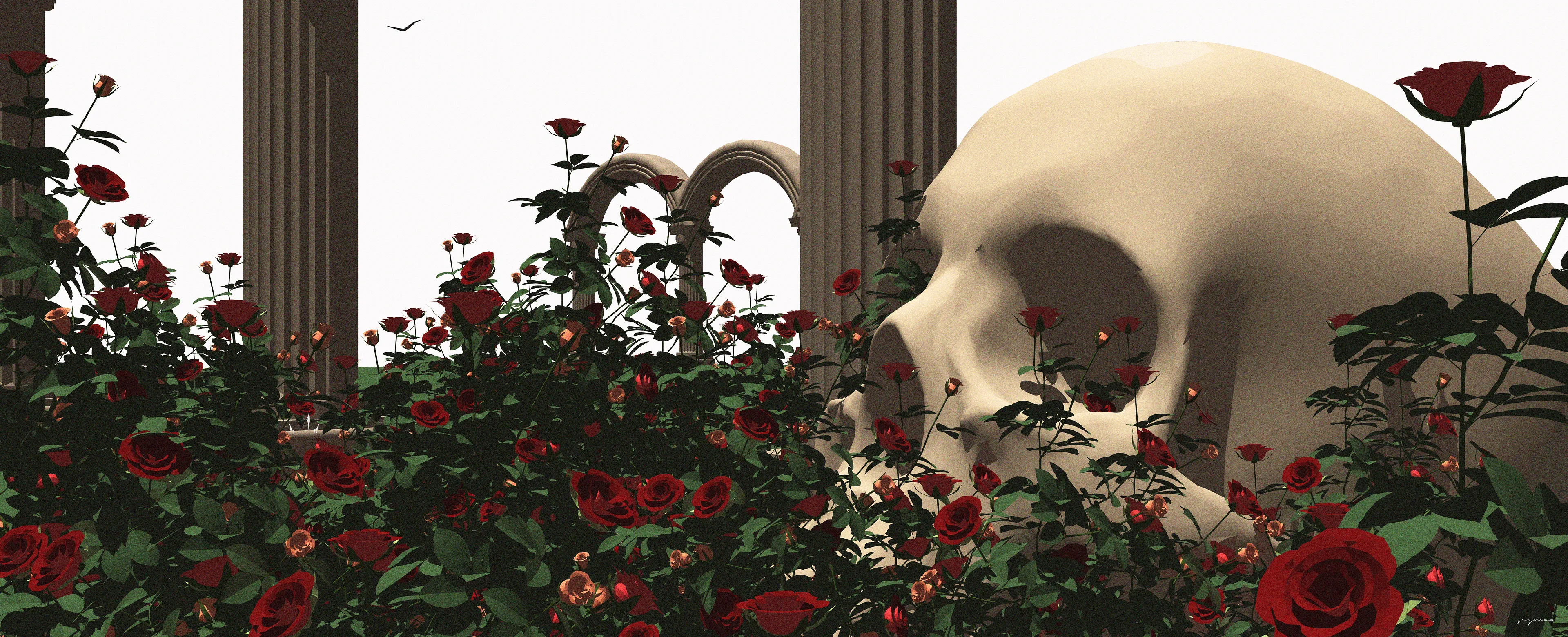 In "Tempus Fugit, Rosa Manet," I sought to capture the eternal dialogue between life's impermanence and beauty's persistence. The human skull—bleached and bare—represents our inevitable mortality, a memento-mori amidst the vibrant red roses that climb and bloom with defiant vitality.  
Time is our most precious currency, flowing ceaselessly like the subtle curves of the classical columns that frame this scene. These architectural elements speak to humanity's desperate quest for permanence—our civilizations rise and fall, yet we continue building monuments in hopes they might outlast us. The columns stand as testaments to human achievement while simultaneously reminding us of ancient ruins, civilizations reduced to fragments despite their grandeur.  
The roses tell a different story. They bloom, wither, and return season after season, embodying nature's cyclical persistence against time's linear march. Their deep crimson hue against the skull's pallid surface creates a visual tension—life's vibrancy confronting death's stillness. This juxtaposition draws from Renaissance vanitas paintings, where symbols of mortality were placed alongside objects of beauty and pleasure.  
I've stripped away excess detail in homage to minimalism, allowing these three fundamental elements—nature, architecture, and mortality—to speak their truth clearly. The composition exists in a liminal space, neither fully abstract nor strictly representational, encouraging contemplation of our brief existence against the backdrop of eternity.  
The title itself carries dual meaning: time flies, yet the rose remains. We are temporary visitors in this world, but beauty and nature persist beyond our individual journeys. In creating this work, I invite viewers to reflect on their own relationship with time—how we spend it, what we build, and what truly remains when we are gone.