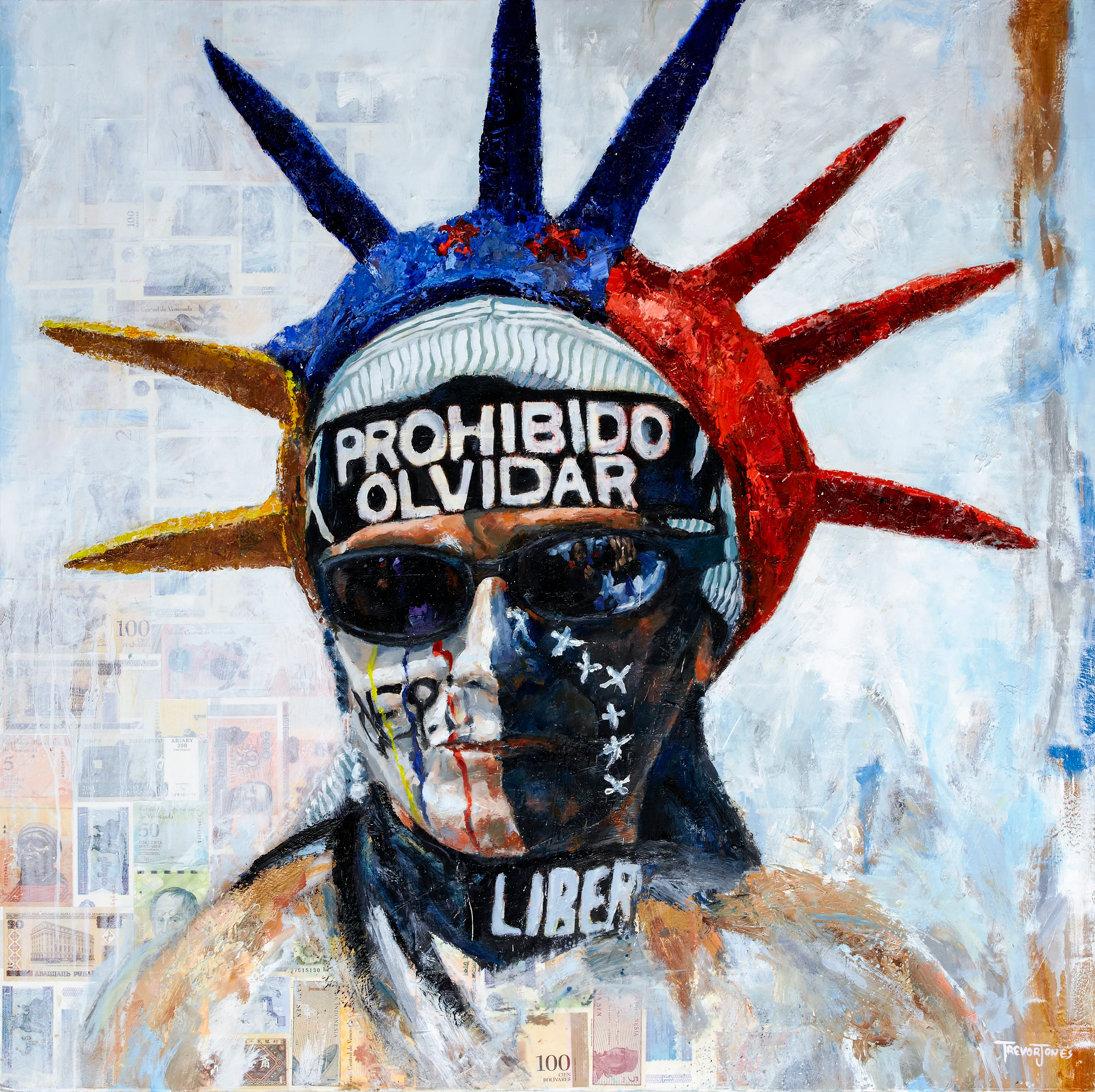 Oil, wax and fiat currency on canvas. 102 x 102 cm (40 x 40 inches). 2018.