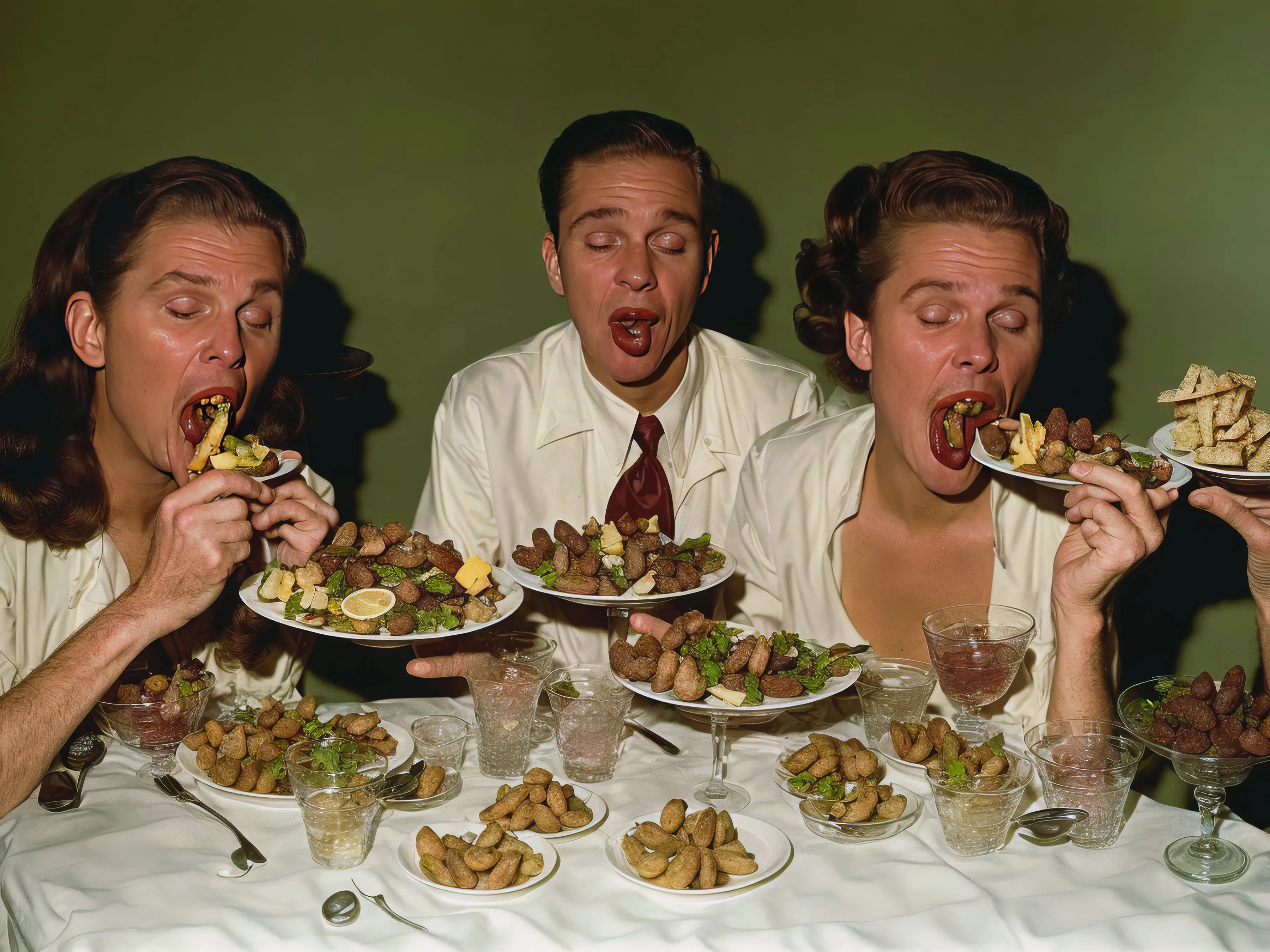 ‘Excessize’ collection of 12 unique works which served as a precursor to the award-winning series ‘Life in West America’, offers a critical depiction of American consumerism and the fast food culture.  
Created in 2022, Rainisto employs the visual style of vintage Americana photography and the capabilities of early custom finetuned diffusion models. Each piece captures the post-war United States atmosphere, examining mass production, overconsumption, excess and food uniformity. It draws parallels between the mass production of fast food and AI’s emphasis on efficiency and scalability, suggesting a trend towards cultural and creative homogenization.