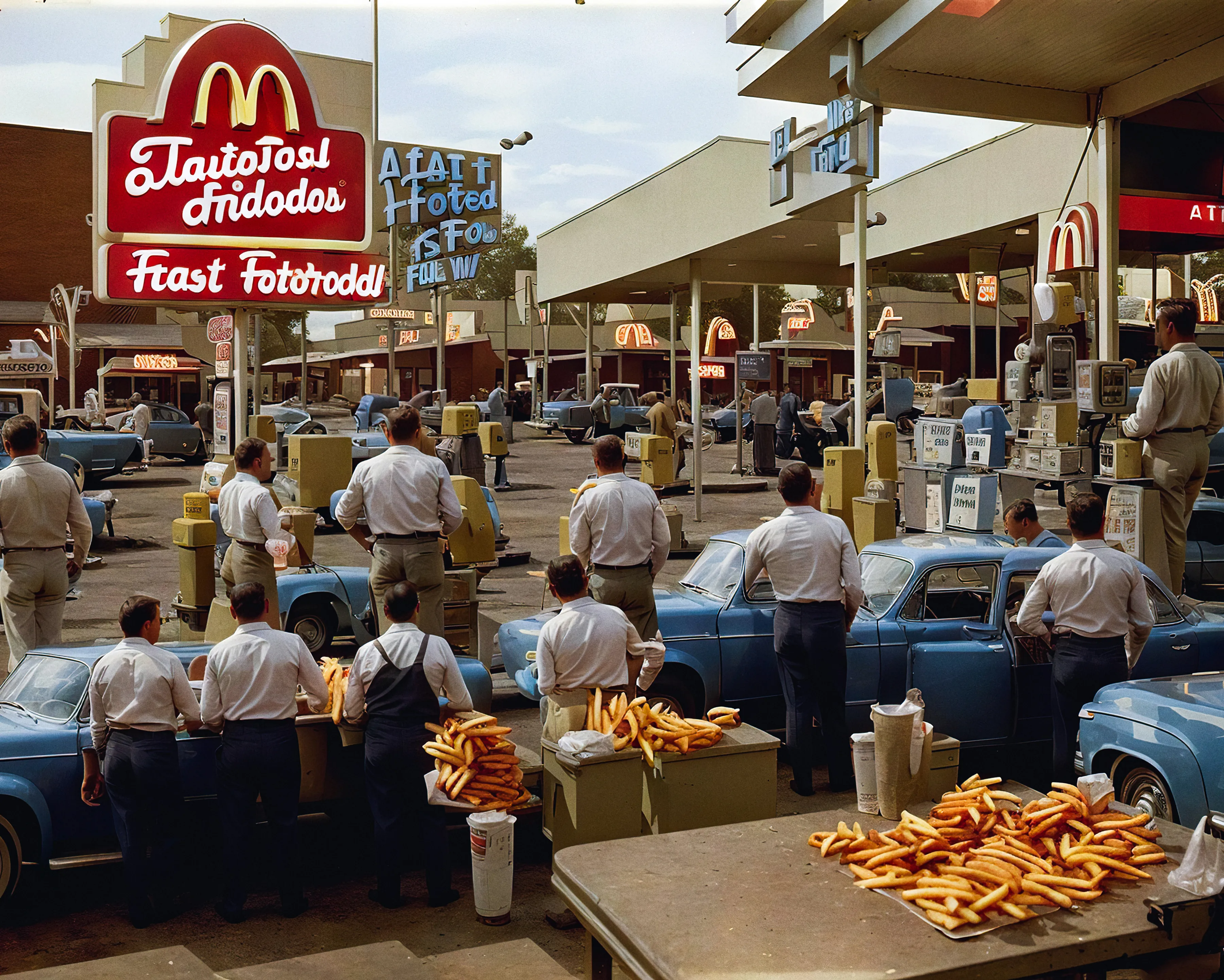 ‘Excessize’ collection of 12 unique works which served as a precursor to the award-winning series ‘Life in West America’, offers a critical depiction of American consumerism and the fast food culture.  
Created in 2022, Rainisto employs the visual style of vintage Americana photography and the capabilities of early custom finetuned diffusion models. Each piece captures the post-war United States atmosphere, examining mass production, overconsumption, excess and food uniformity. It draws parallels between the mass production of fast food and AI’s emphasis on efficiency and scalability, suggesting a trend towards cultural and creative homogenization.