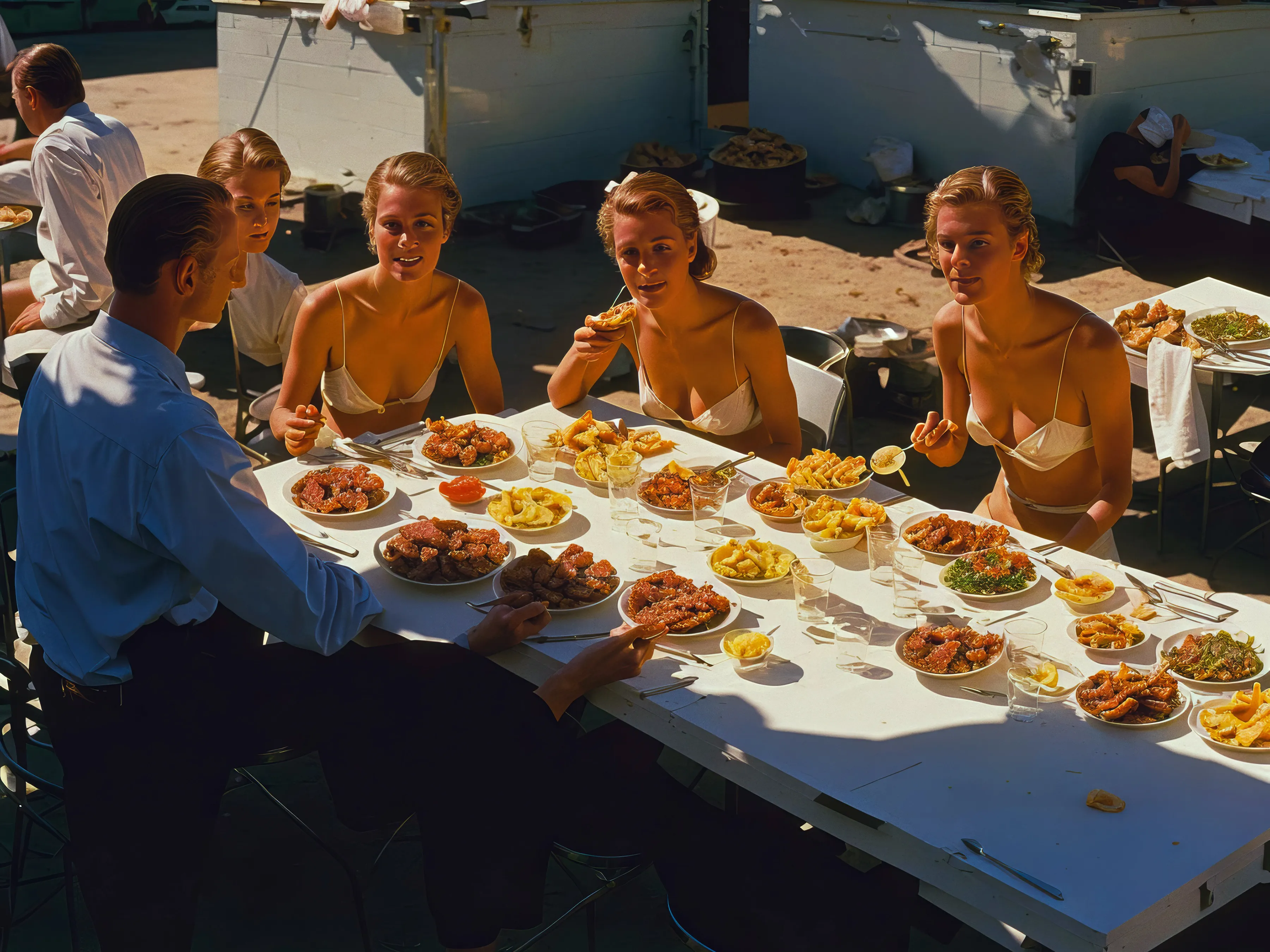 ‘Excessize’ collection of 12 unique works which served as a precursor to the award-winning series ‘Life in West America’, offers a critical depiction of American consumerism and the fast food culture.  
Created in 2022, Rainisto employs the visual style of vintage Americana photography and the capabilities of early custom finetuned diffusion models. Each piece captures the post-war United States atmosphere, examining mass production, overconsumption, excess and food uniformity. It draws parallels between the mass production of fast food and AI’s emphasis on efficiency and scalability, suggesting a trend towards cultural and creative homogenization.