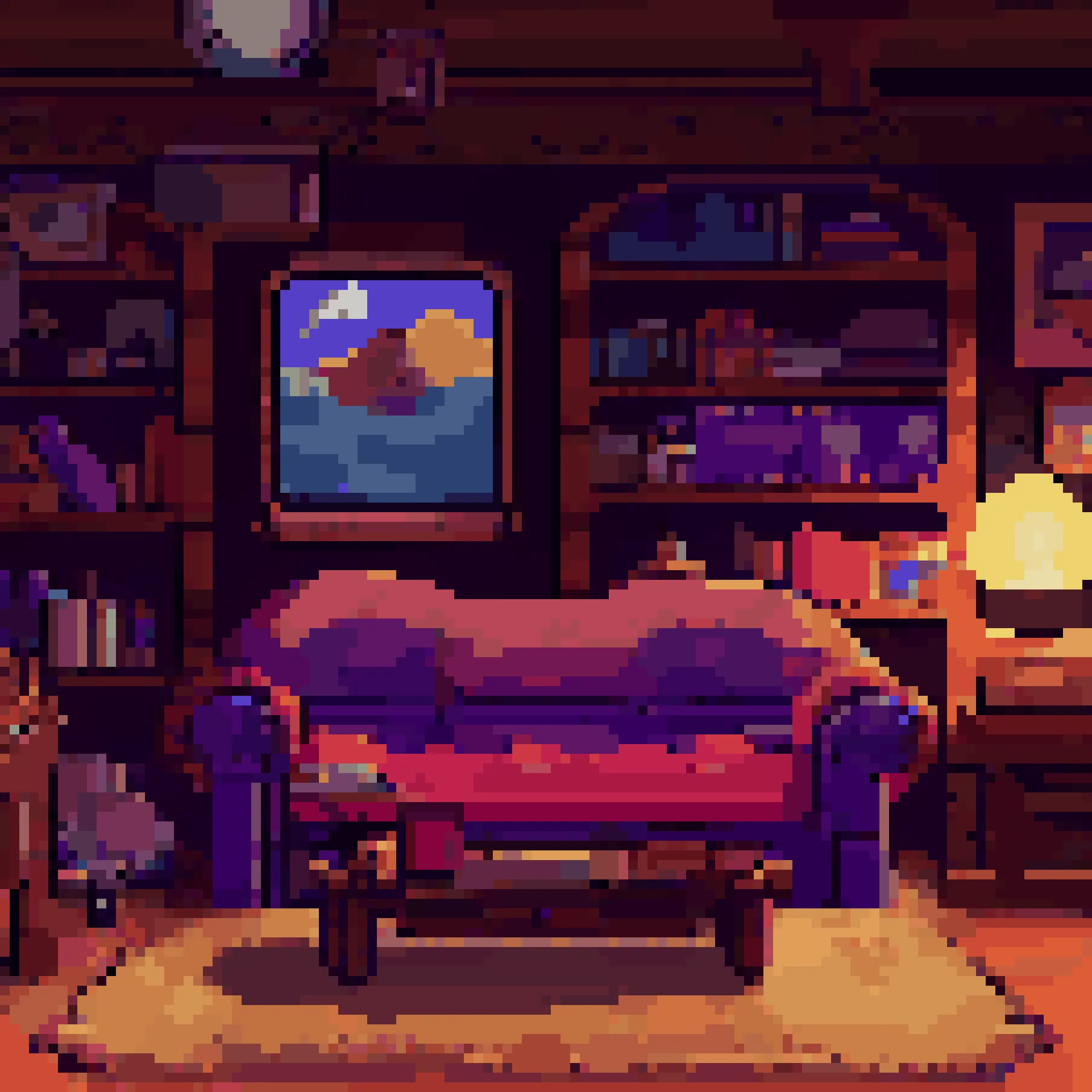 Inspired by the vague memory I have about my grandpa's favorite room back in the 90s. I remember the smell, the fuzzy aroma of old books and records, piled up on the floor and the bookshelves. 
In the middle: his favorite, cozy, sofa. It was made on a 113x113 canvas but expanded to a larger version to appreciate it better.