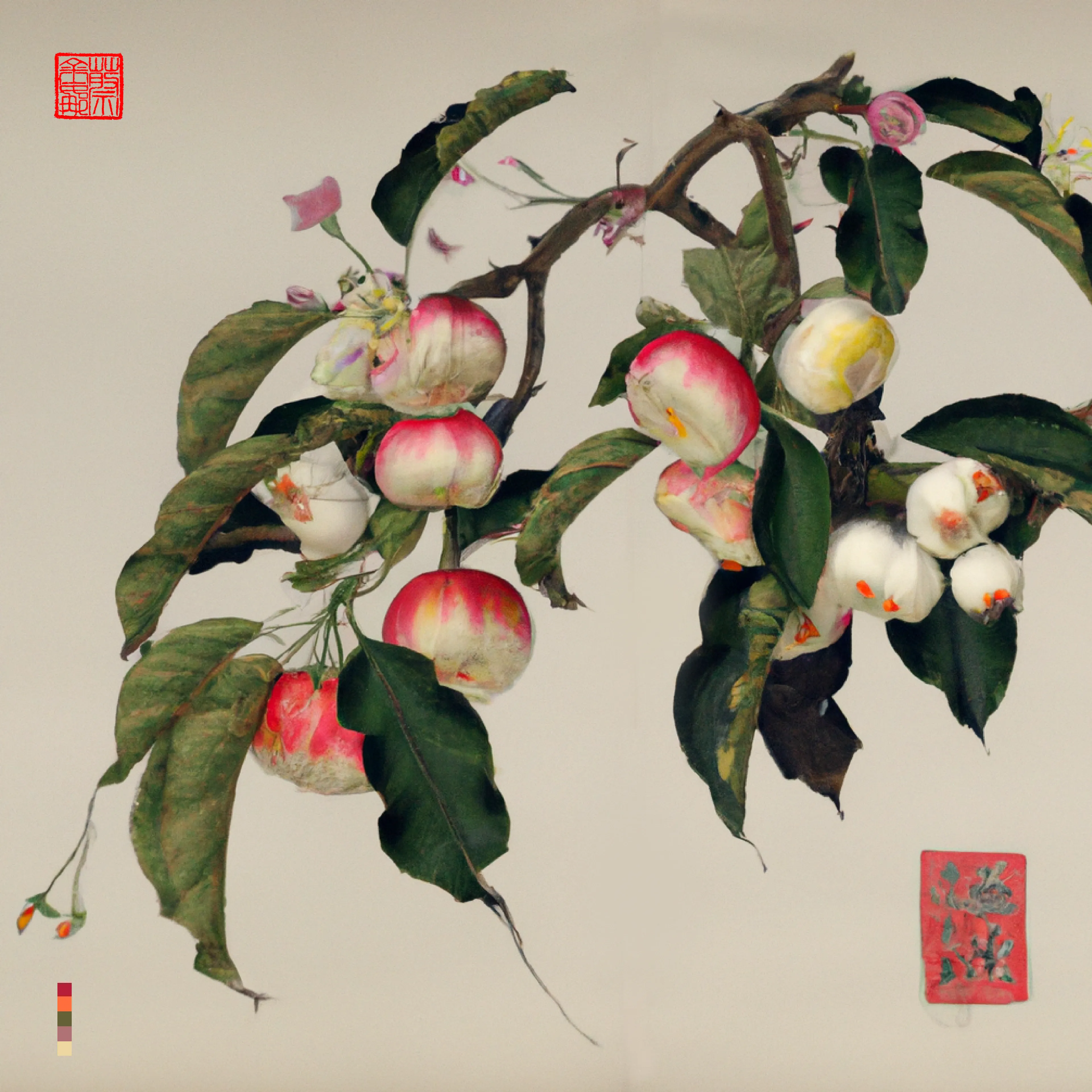 Malus sieversii is a wild apple native to the mountains of Central Asia. Apples symbolize safety and peace in China because the Chinese word for apple, 'ping guo', shares the same sound as the word for tranquility, 'ping an'.