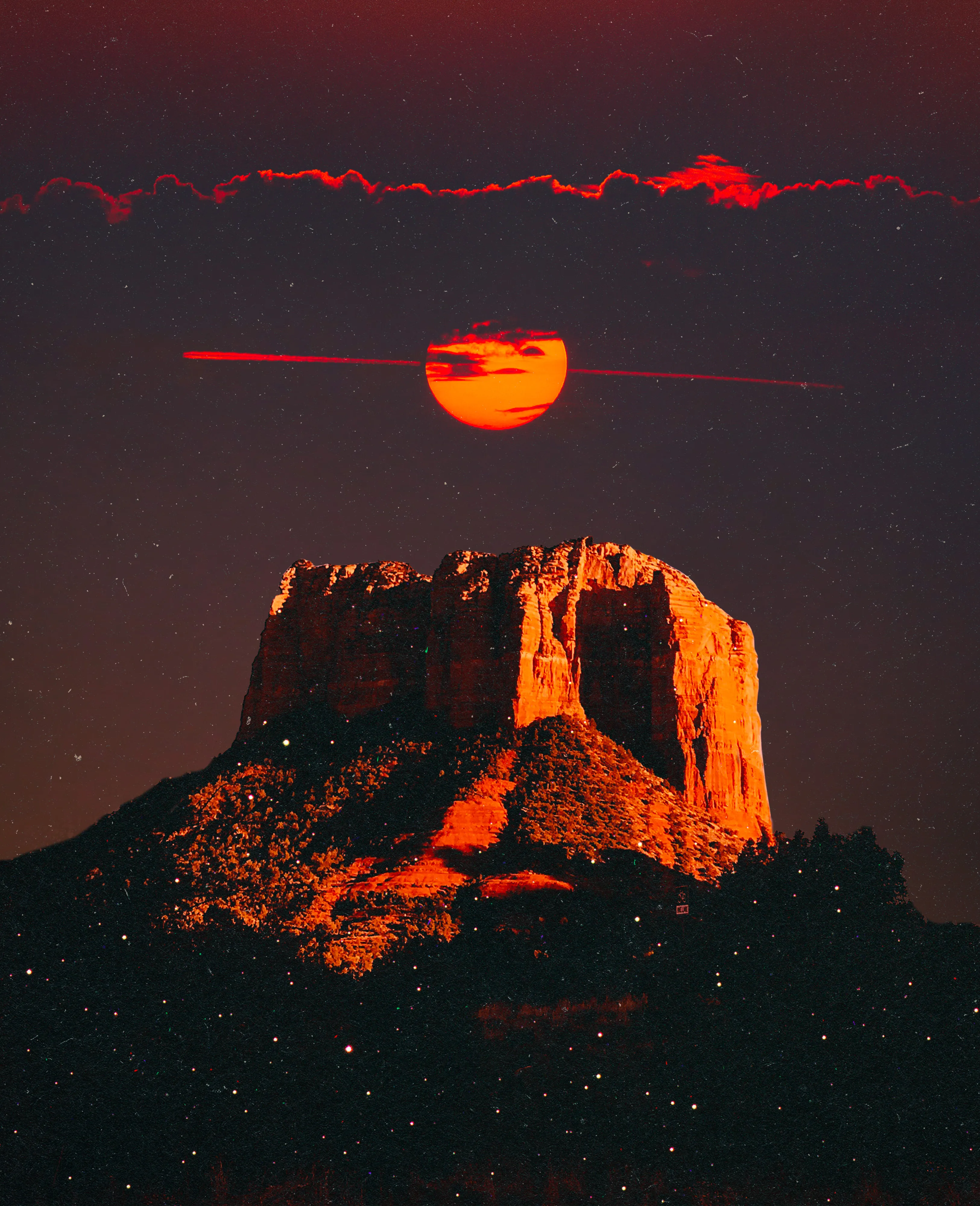 Red Season, 2023 captures the magical essence that is Sedona, Arizona. The vivid red sun illuminates the sky, casting a warm glow over the landscape. As the clouds turn crimson, they dance with the towering Red Rocks, creating a surreal and captivating scene. 

This piece is the fourth installment of Red Season, playing into the aesthetics of the series.