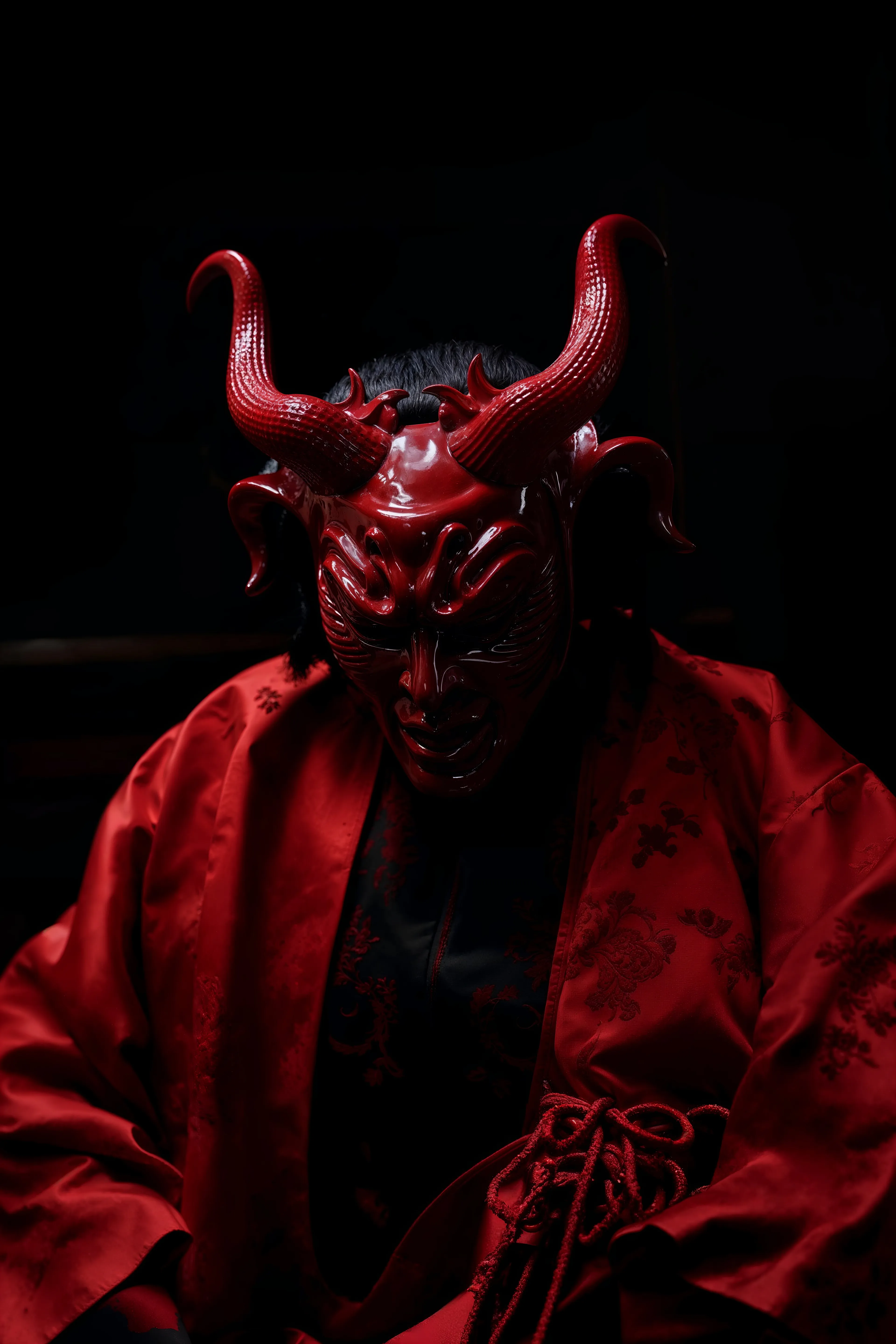 "Lust," captures the id's primal quest for sensual pleasure and intense emotional experiences. The red lacquered mask, reminiscent of the a devil masks symbolizing passionate entities, radiates the heat of raw desire. Its downward gaze, tinged with the complexities of remorse, hints at the inevitable entanglement of yearning and consequence — the id's relentless pursuit of fulfilment shadowed by the depths of its own intensity.

The silk kimono, embroidered with delicate flowers against a dark fabric, wraps the figure in the duality of desire — at once inviting and foreboding, much like the nature of lust itself. The layering of vibrant red silk against deep black mirrors the id's dance with temptation, a visual feast that speaks to the hunger of the human psyche for connection and the fiery path it carves in the pursuit of its cravings. In this depiction, lust is not merely a sin or a sensation but a complicated driving force.

"Expressions of ID" is a collection of AI-generated portraits that explore the various facets of Freud's concept of the id, each image delving into the different primal forces that compose our deepest psychological drives.