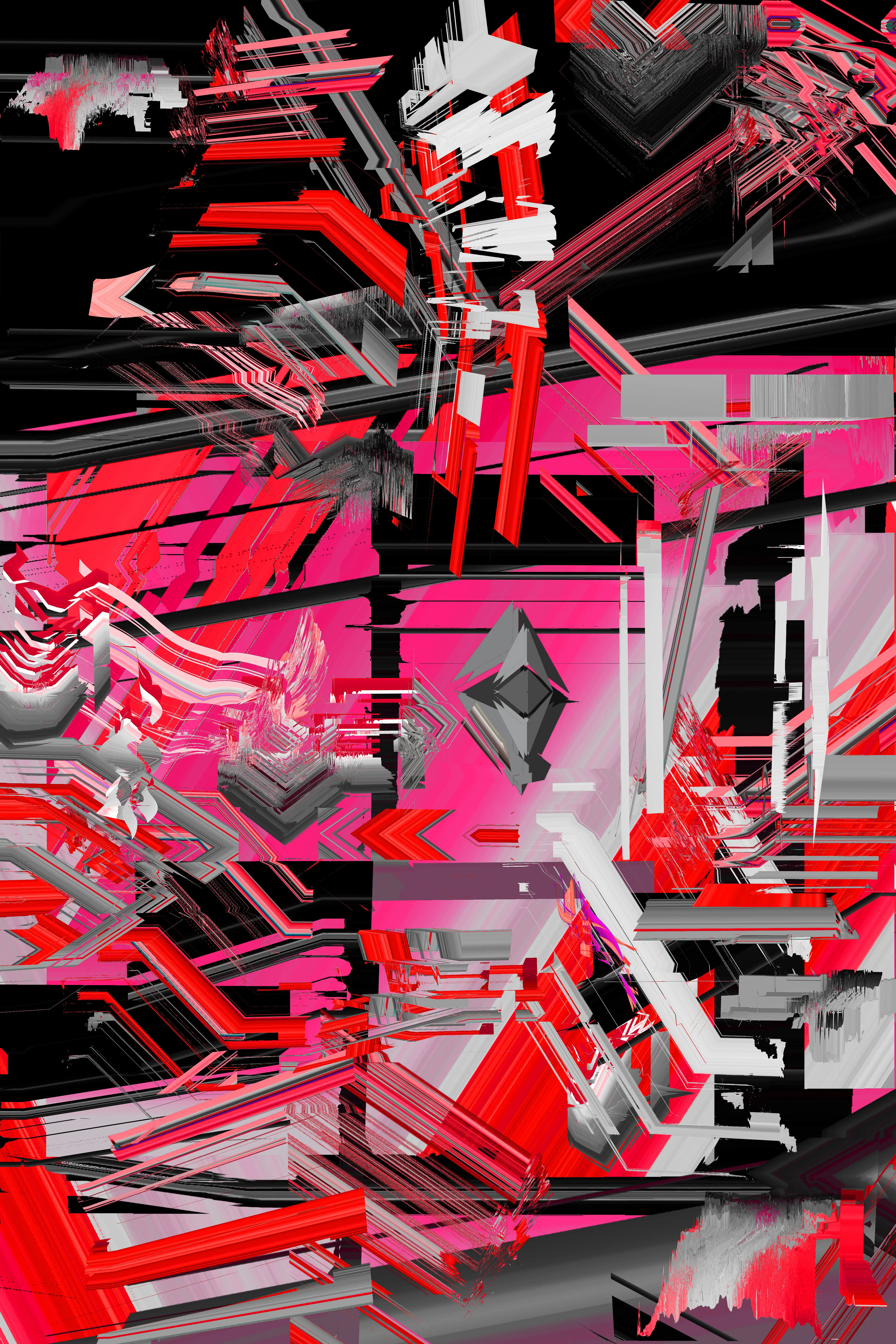 Public domain internet imagery including diagrams of computer parts, machine parts, network visualisations, screengrabs from computer games plus the artists own older work extruded into 3D space, stretched, rotated and processed to abstraction.