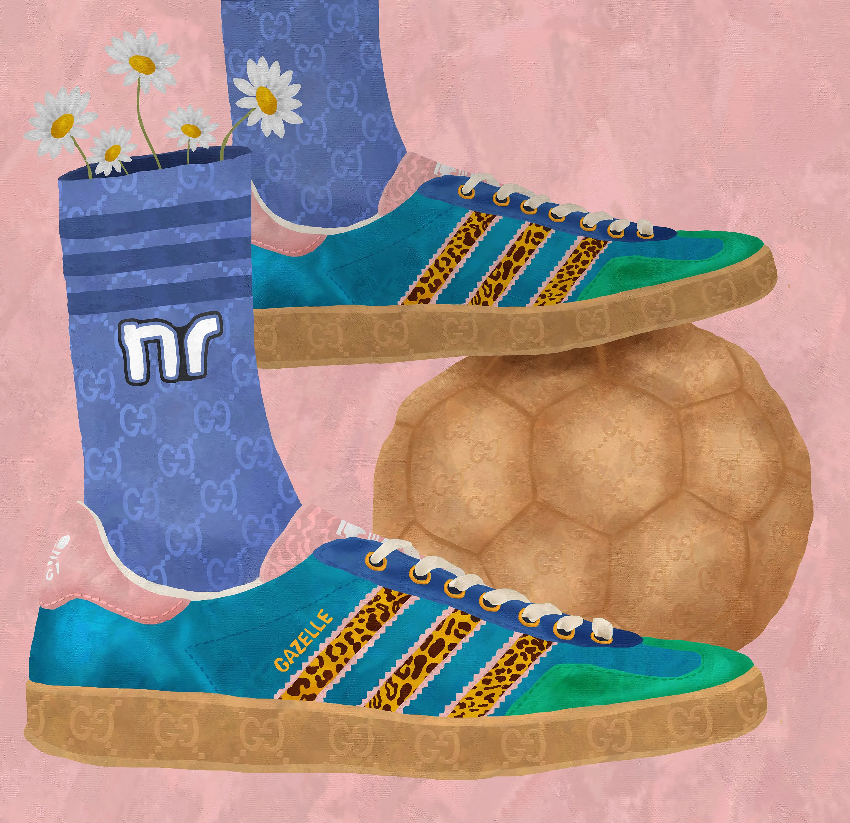 Commemorative piece remembering the warm-up in which Dalma, Maradona's daughter, put daisies in her socks, symbolised by a pair of the finest Adidas Gucci.