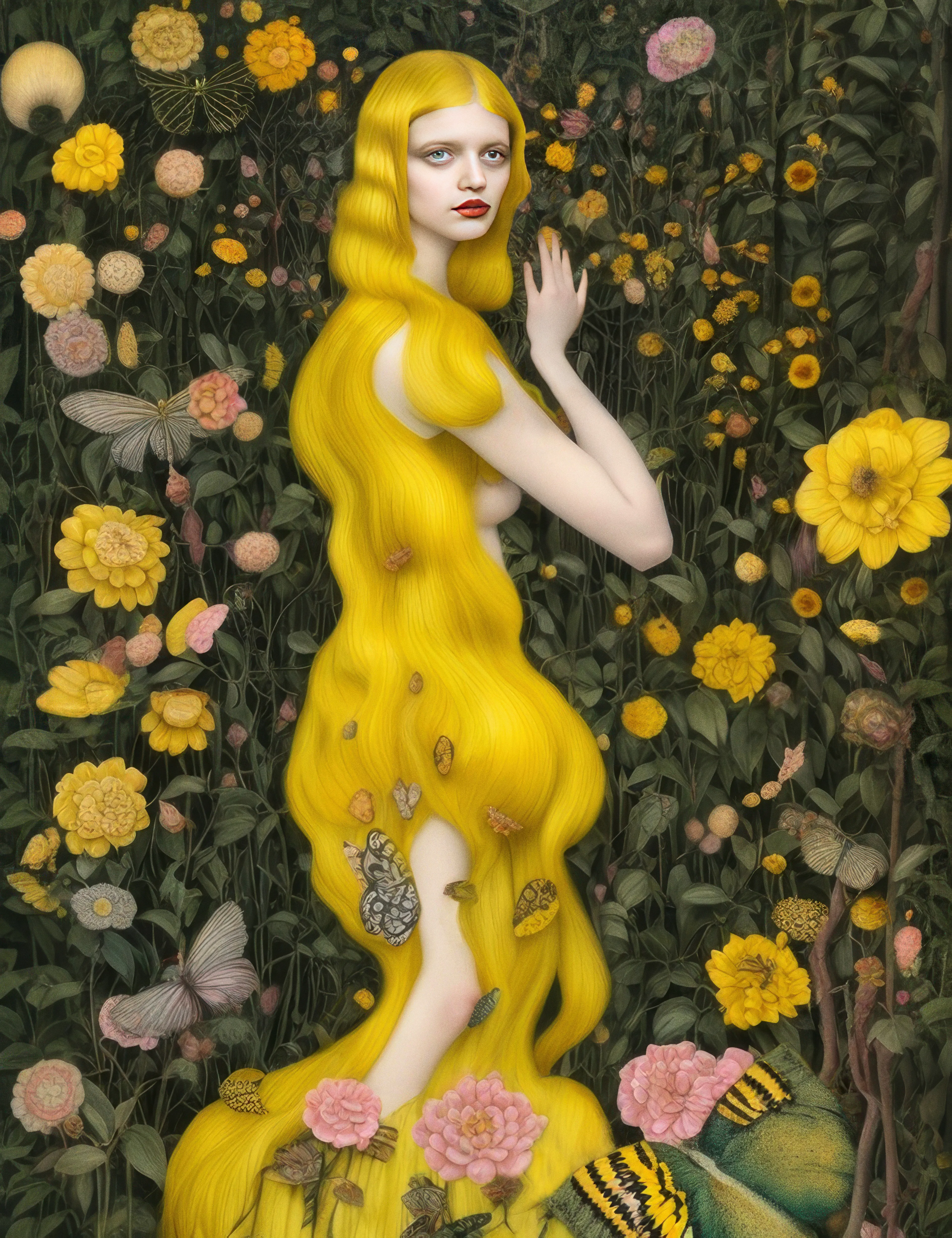 In a magical world, there was a painting named "Goldilocks" with a unique appearance - her mismatched eyes and long golden hair made her stand out. Despite feeling different from the other paintings in the kingdom, she found solace in the blooming meadow where she lived and embraced her individuality. Her journey of self-discovery inspired others to explore their creativity and the mysteries of the world, making her a symbol of hope and inspiration.

Olena Speakingtomato, 2023

Imagination + AI + Photoshop

7680  x  9984 px