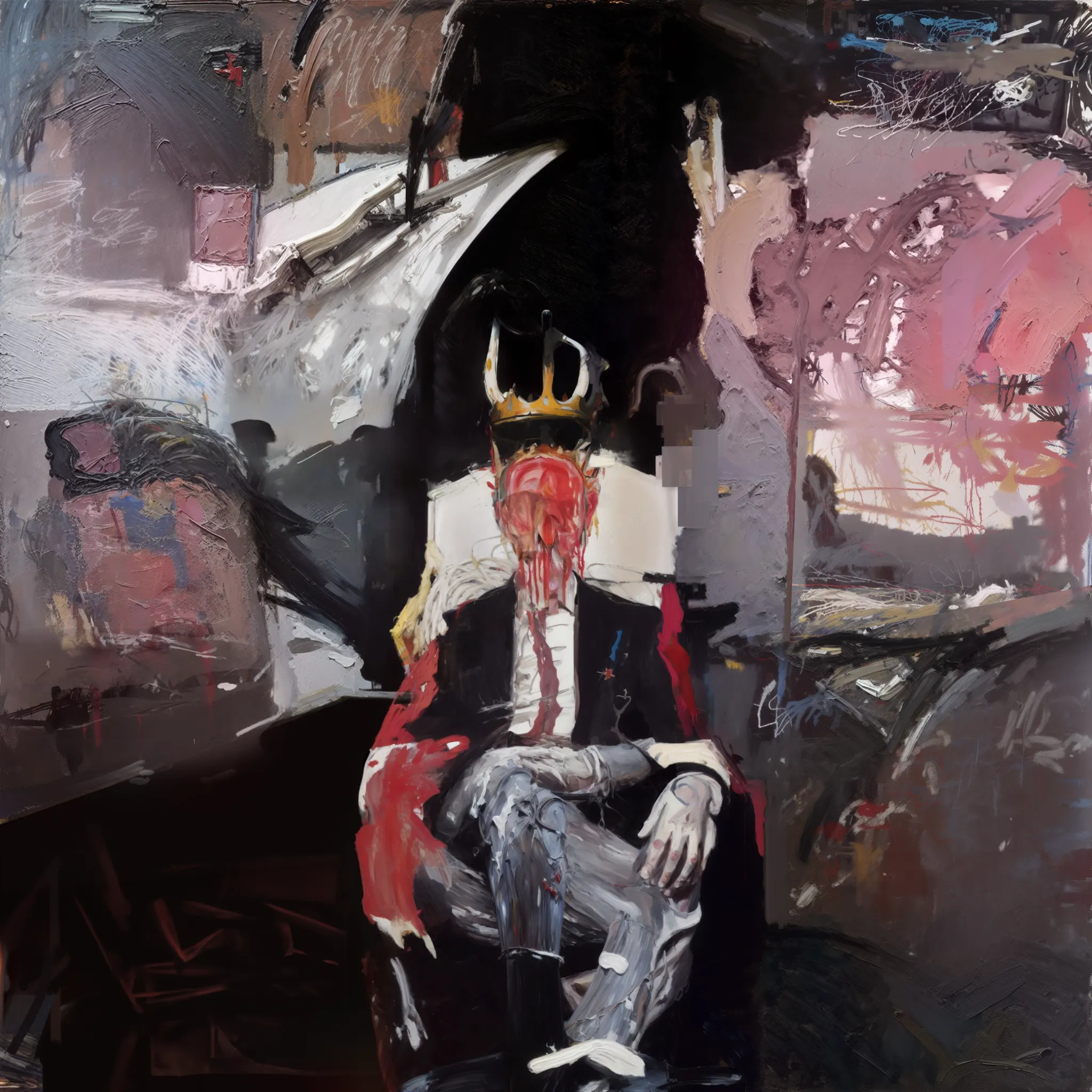 The pink king reigns from an electrically lit and chromium-plated palace, on a throne of skulls. His palace is a decayed, fleshless and semitranslucent corpse. He wears a crown of copper needles that is surgically implanted into his skull. On his skin one can discern the outline of a lizard fur-lined body suit, in which live millions of parasitic leeches.