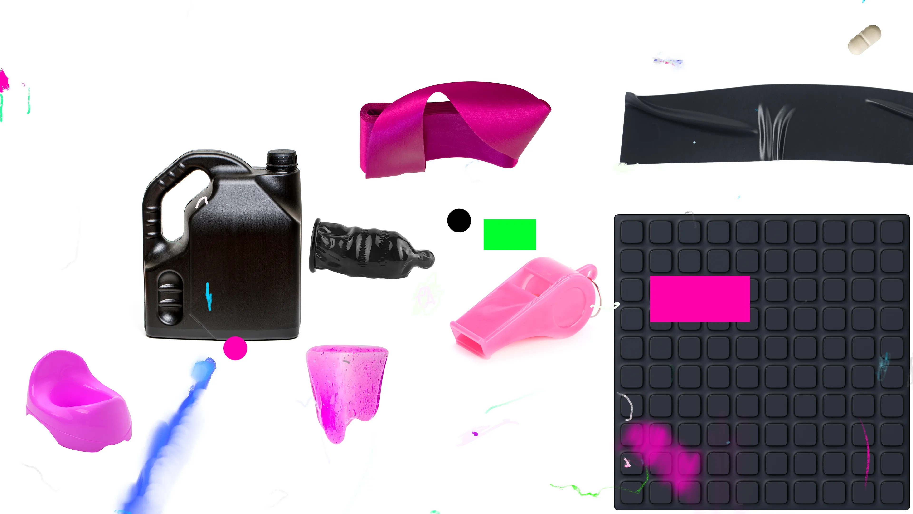 PLASTICS is a collection of 333 generative artworks. Each image is a unique composition using isolated stock photos that contain plastic, rubber & liquid material. The works are arranged using p5.js and rendered in a web browser. Once compiled, they are algorithmically titled to iterate soap formulas & shampoo chemical ingredients.