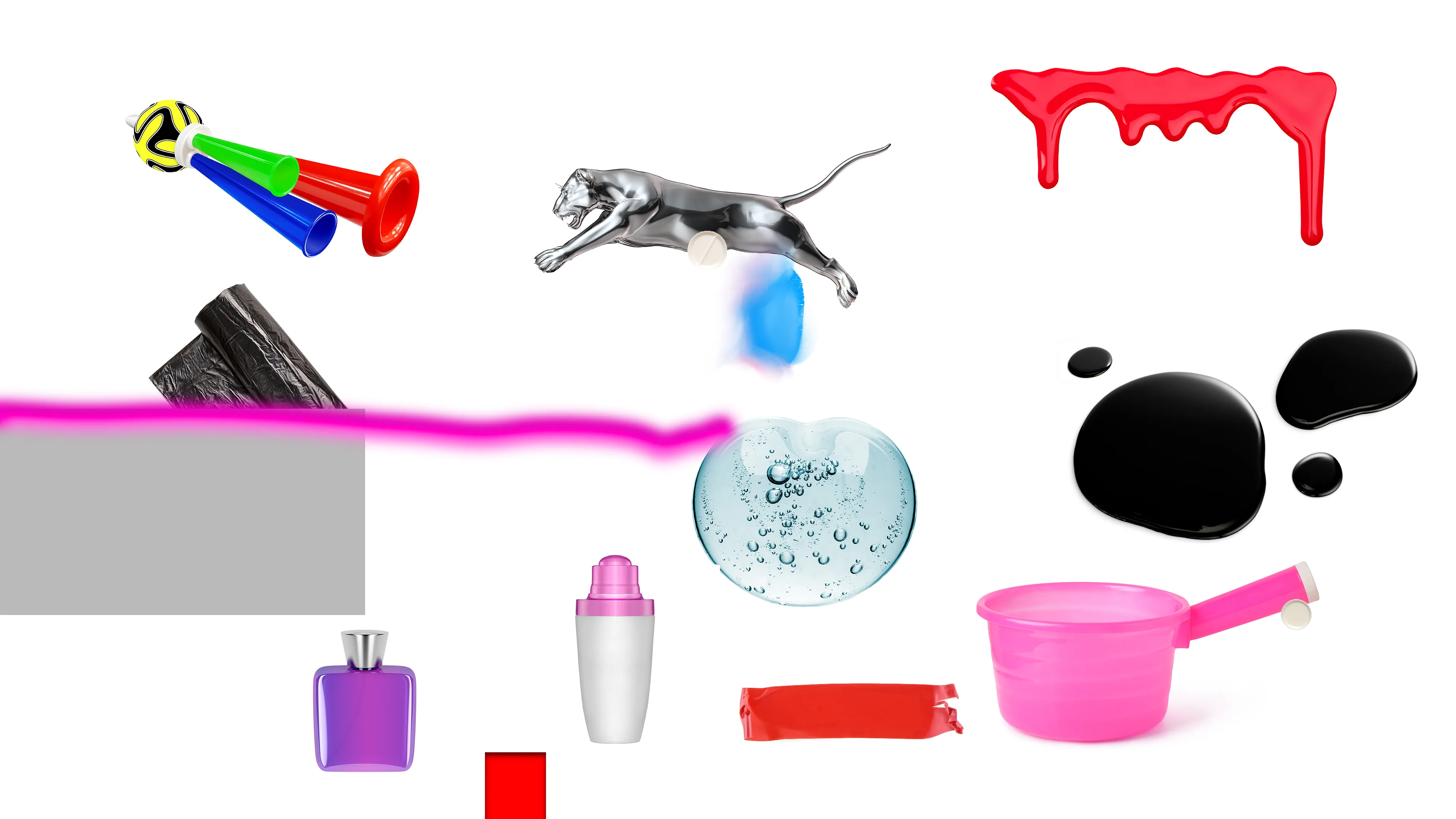 PLASTICS is a collection of 333 generative artworks. Each image is a unique composition using isolated stock photos that contain plastic, rubber & liquid material. The works are arranged using p5.js and rendered in a web browser. Once compiled, they are algorithmically titled to iterate soap formulas & shampoo chemical ingredients.