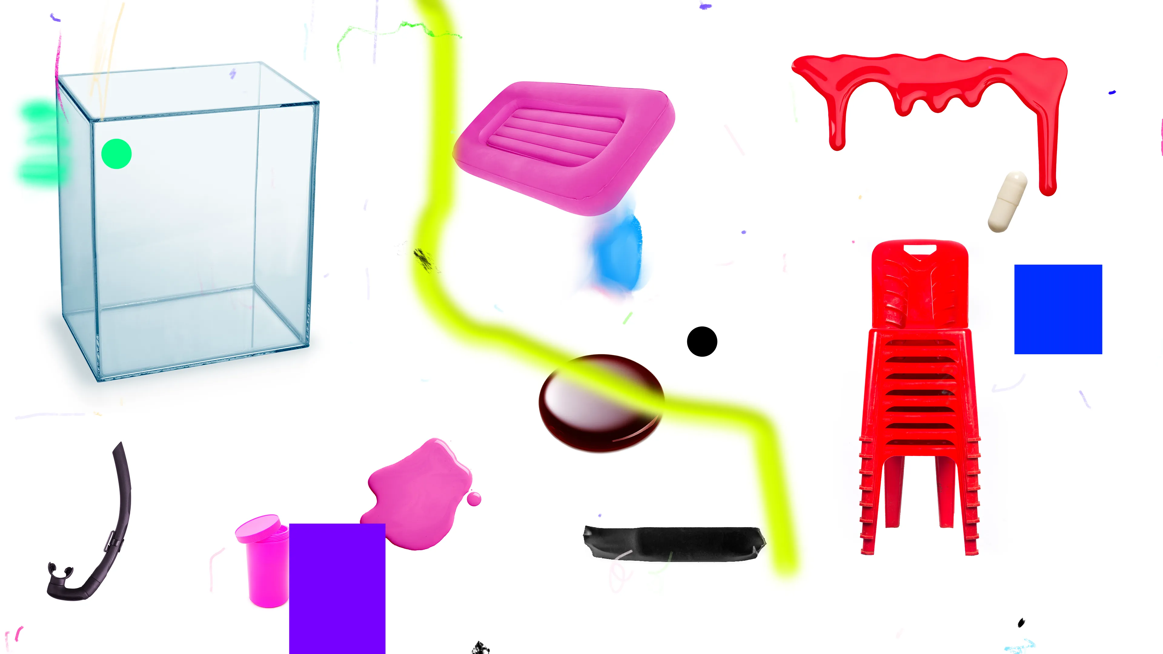 PLASTICS is a collection of 333 generative artworks. Each image is a unique composition using isolated stock photos that contain plastic, rubber & liquid material. The works are arranged using p5.js and rendered in a web browser. Once compiled, they are algorithmically titled to iterate soap formulas & shampoo chemical ingredients.