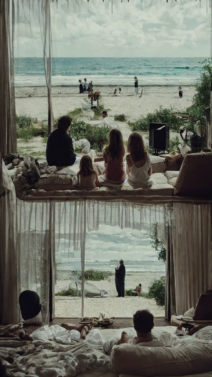 This piece offers a multi-layered narrative, a slice of life where each stratum tells a different story. The scene is a dichotomy of two worlds - the interior, where individuals are wrapped in the comfort of repose and relaxation, and the exterior, alive with the tranquil activities of beach-goers. The artist's skillful composition invites the viewer’s gaze to traverse through the room's casual disarray of soft linens and resting bodies to the open, airy beach beyond.

Each figure is captured in a moment of personal solitude, yet together they compose a silent symphony of shared experience. The onlookers, some with their backs turned to us, serve as proxies for the viewer, engrossed in the quiet drama unfolding by the sea. The outside world, with people engaged in serene beachside rituals, contrasts with the stillness within, creating a dialogue between action and repose.
