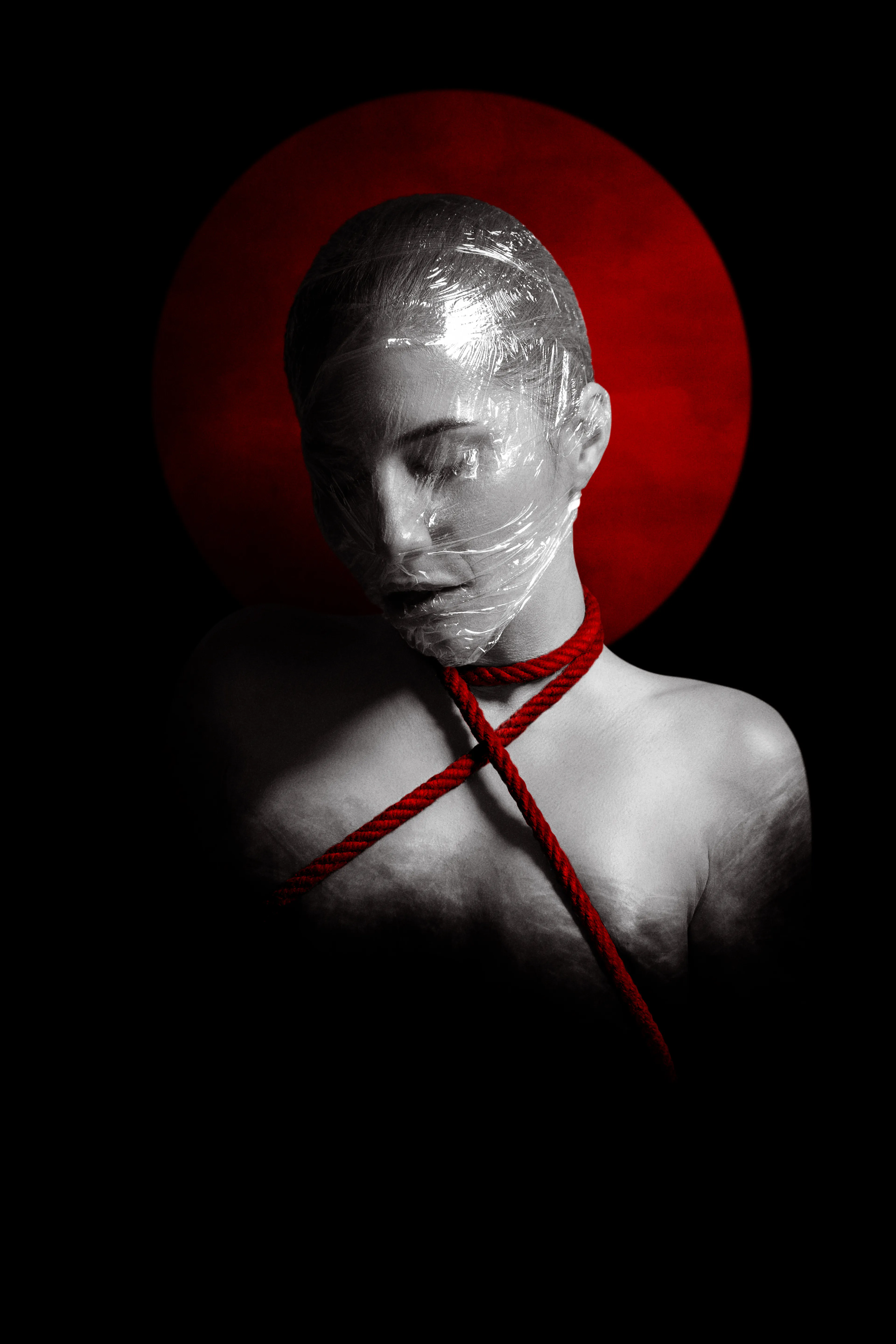 A portrait with a tied up beautiful woman who desire to escape from a minted dream.