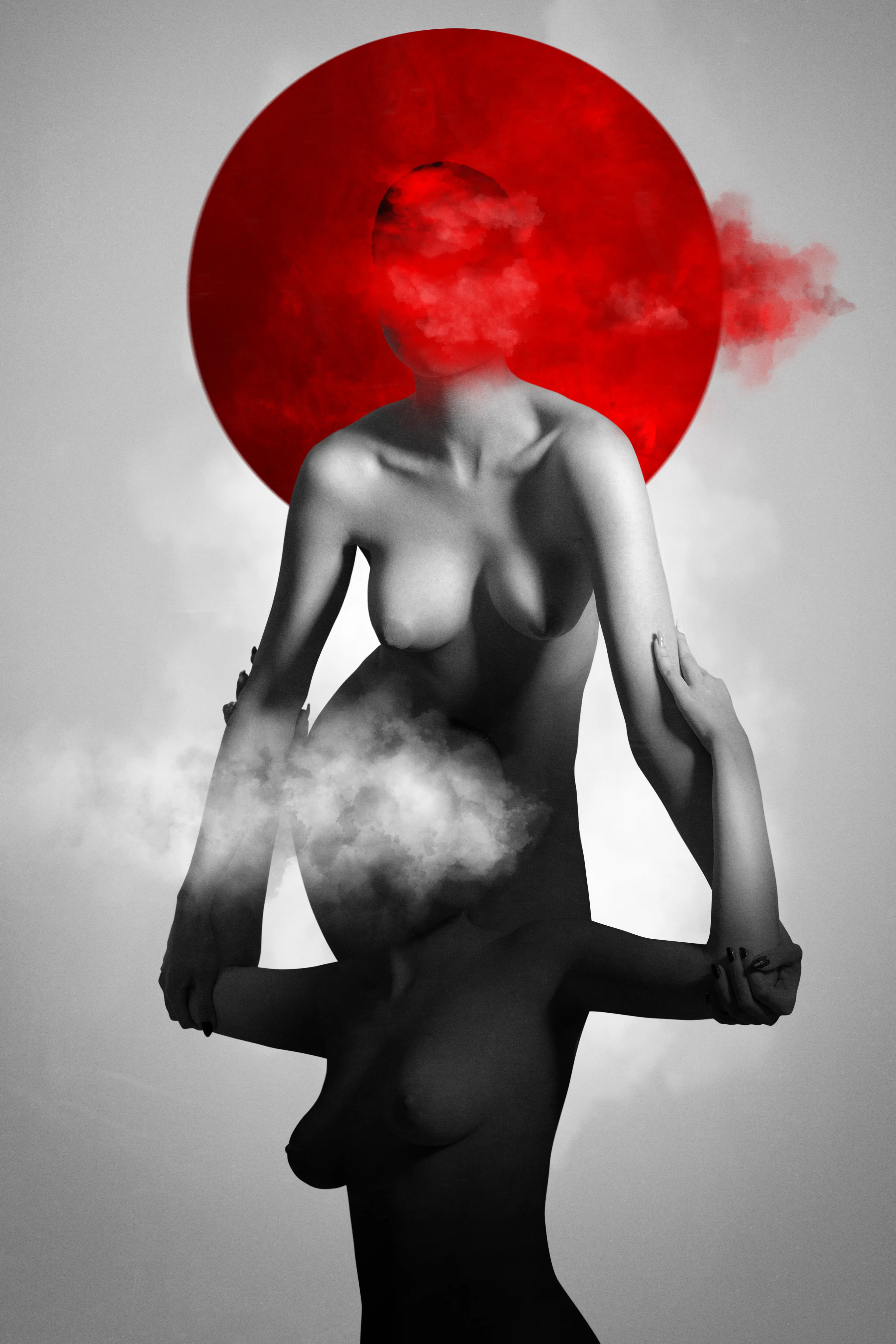 Women supporting each other
Nudeart photography on grey background 
Red circle inside