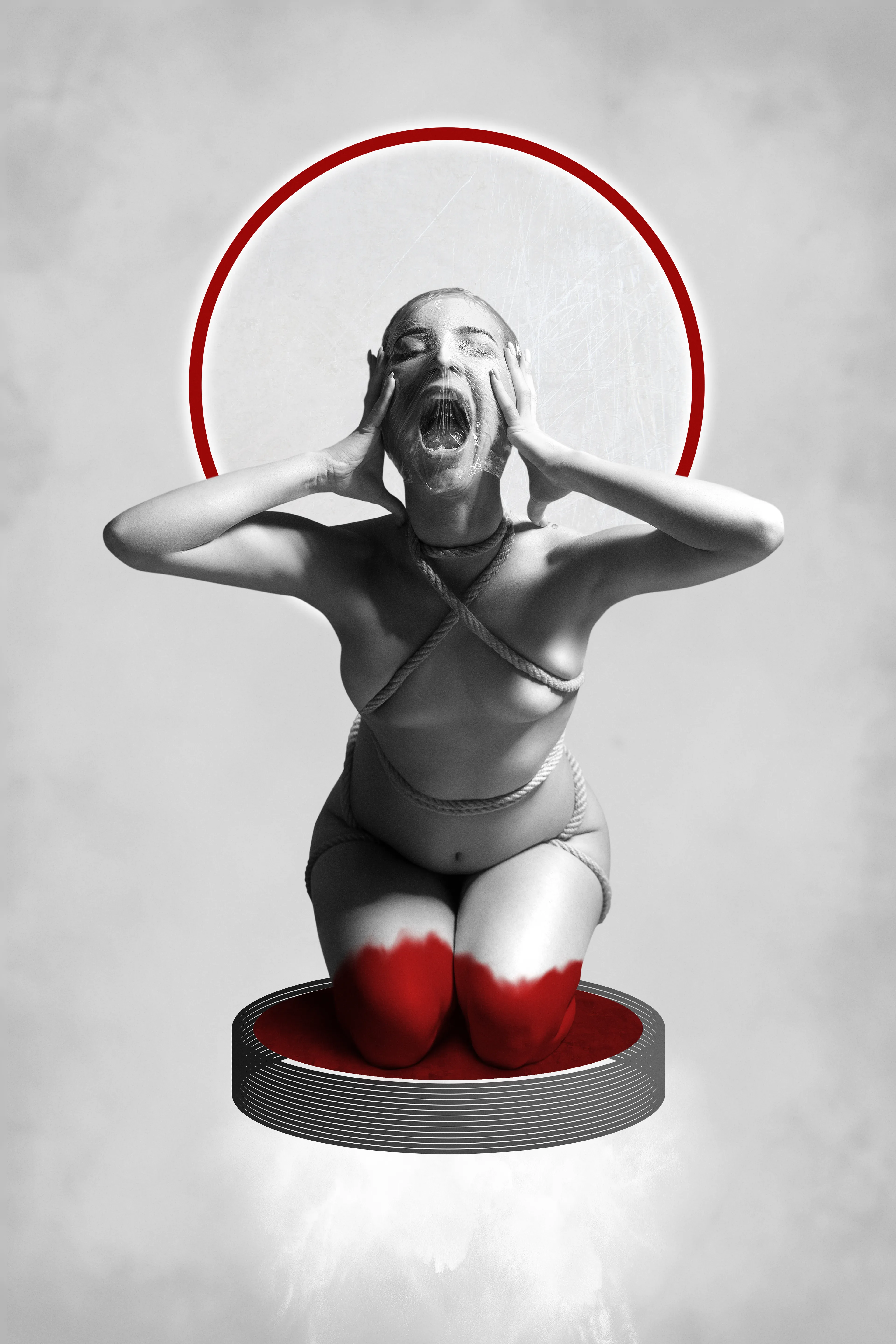 Tied up woman scream for freedom from a red bad circle.