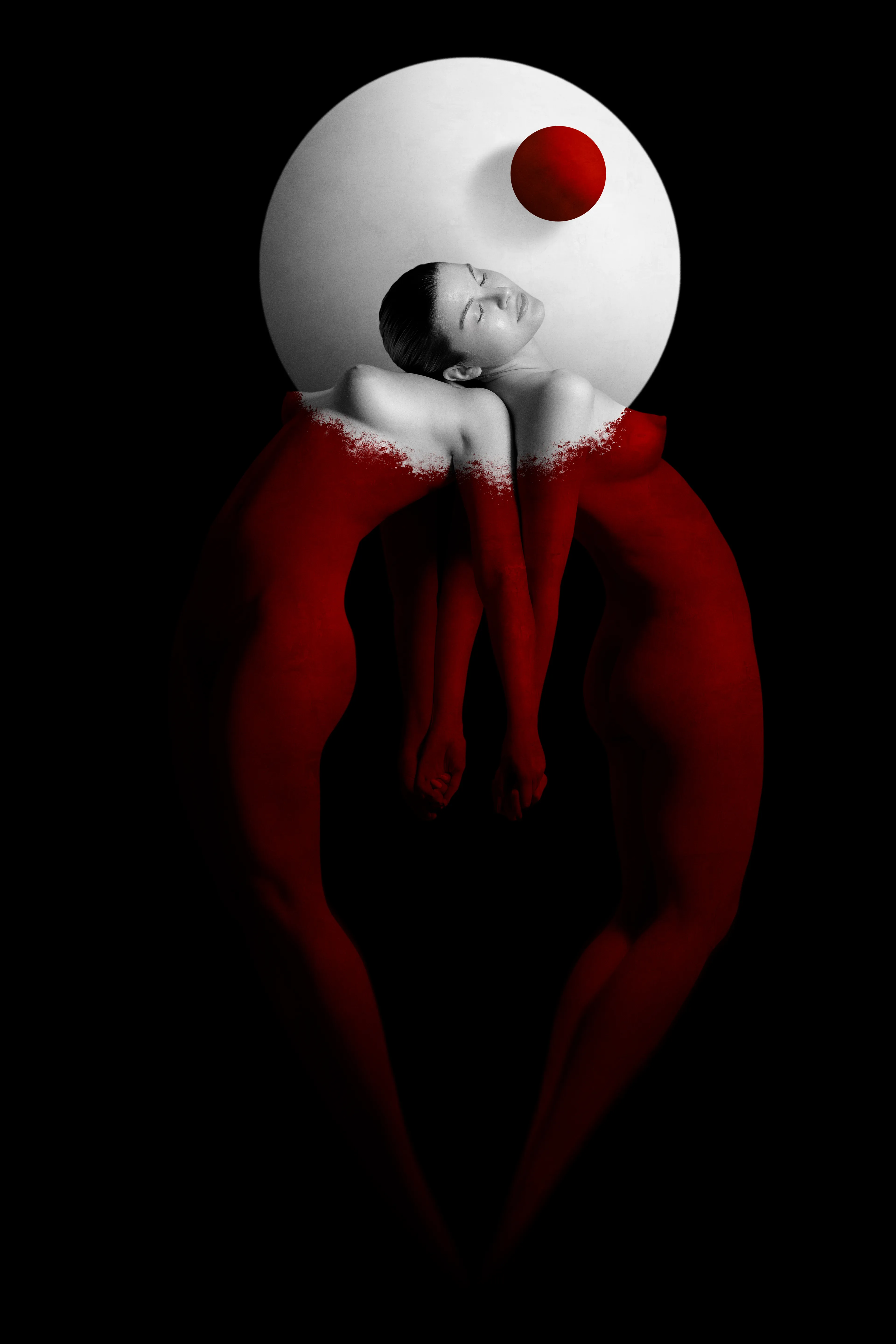 Two women bodies emerges at the light of a red moon and empty grey planet.