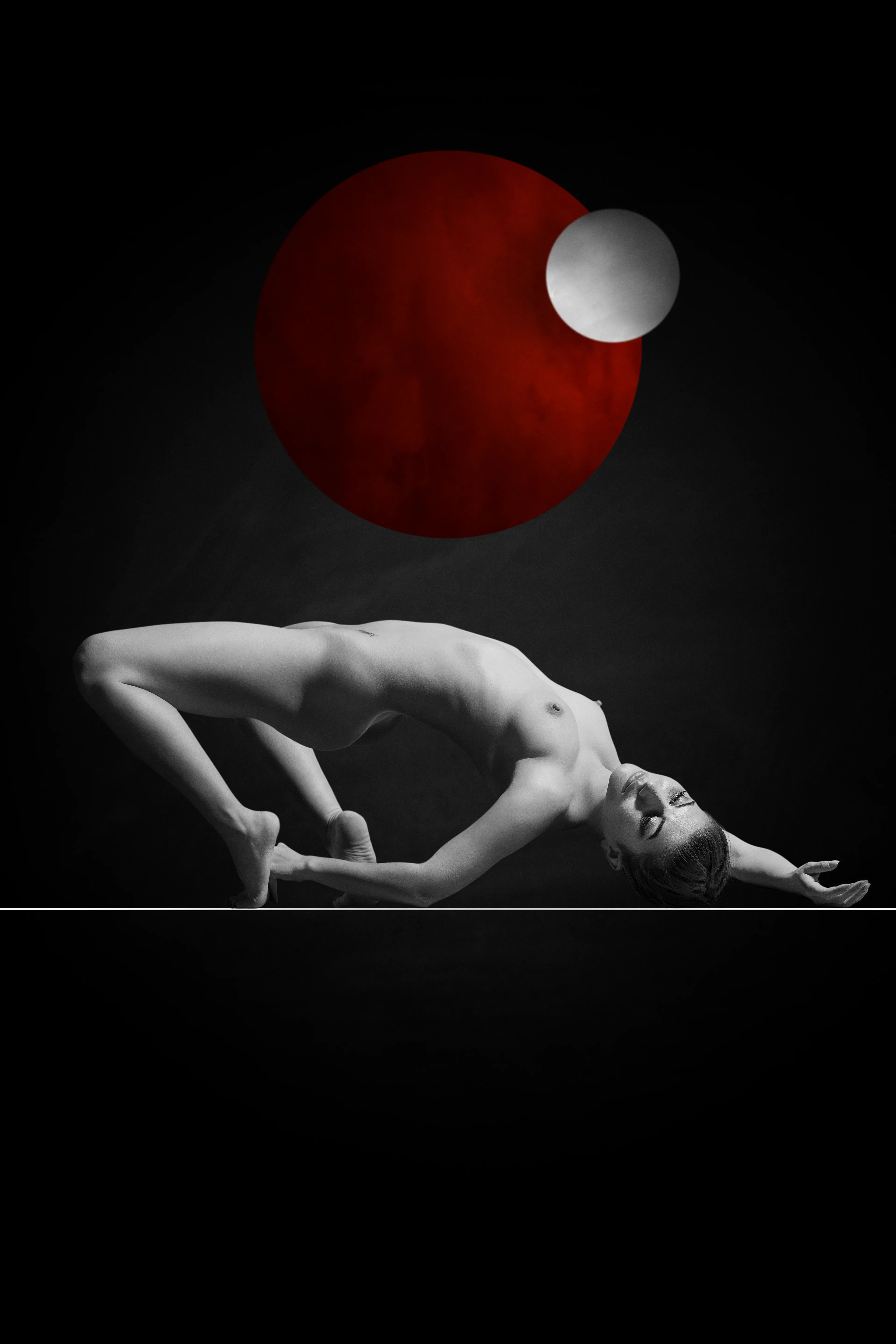 Nude photography showing a beautiful female under the moon of a red planet.