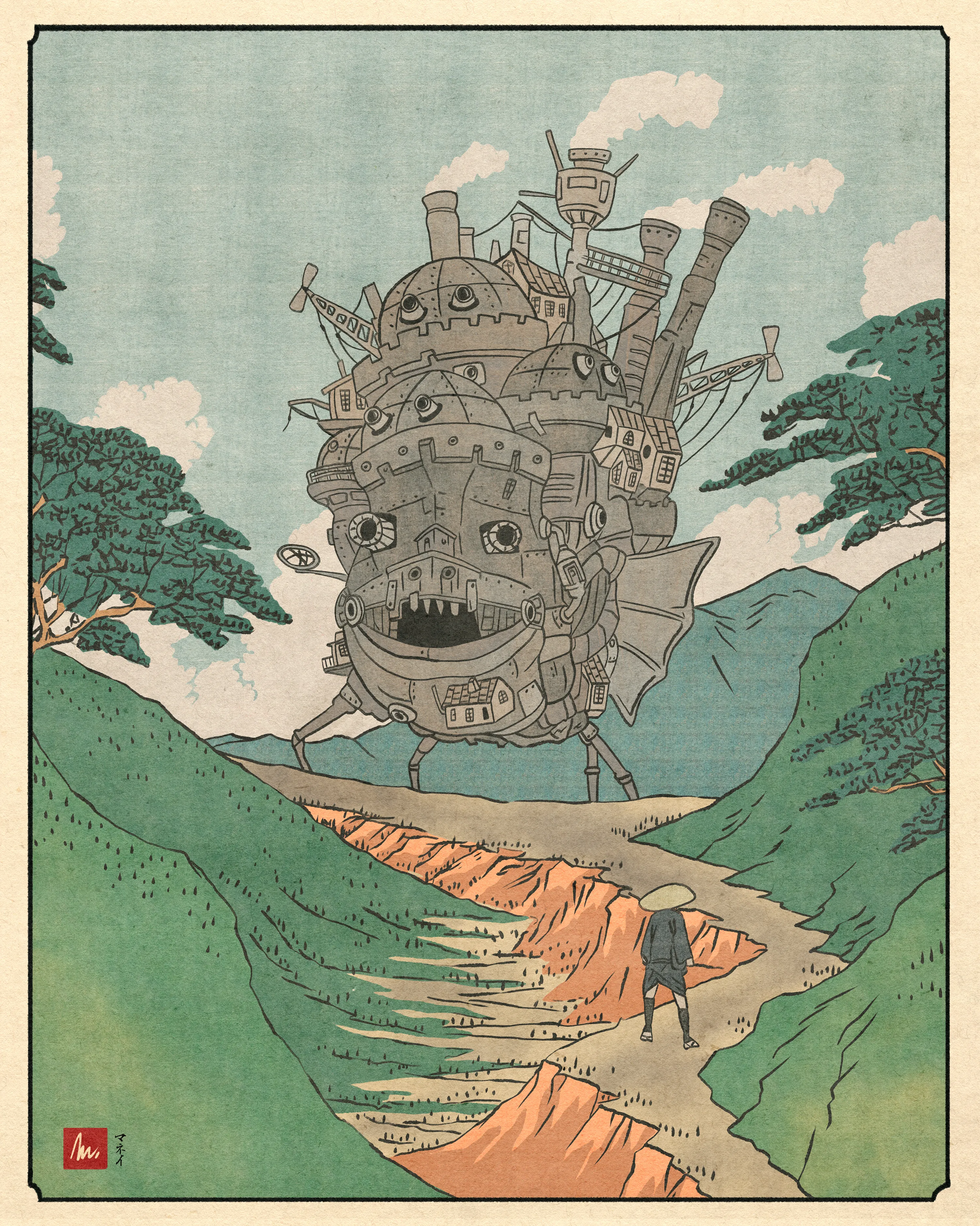 Hiroshige x Howl's Moving Castle
Artwork by Mannay (2022)

————————————————————

This illustration is inspired by an Utagawa Hiroshige ukiyo-e from 1840 as well as Howl's Moving Castle (ハウルの動く城), the 2004 Japanese animated fantasy film written and directed by Hayao Miyazaki.

Digitized using Photoshop. 

————————————————————

Artwork size: 3000 × 3750px