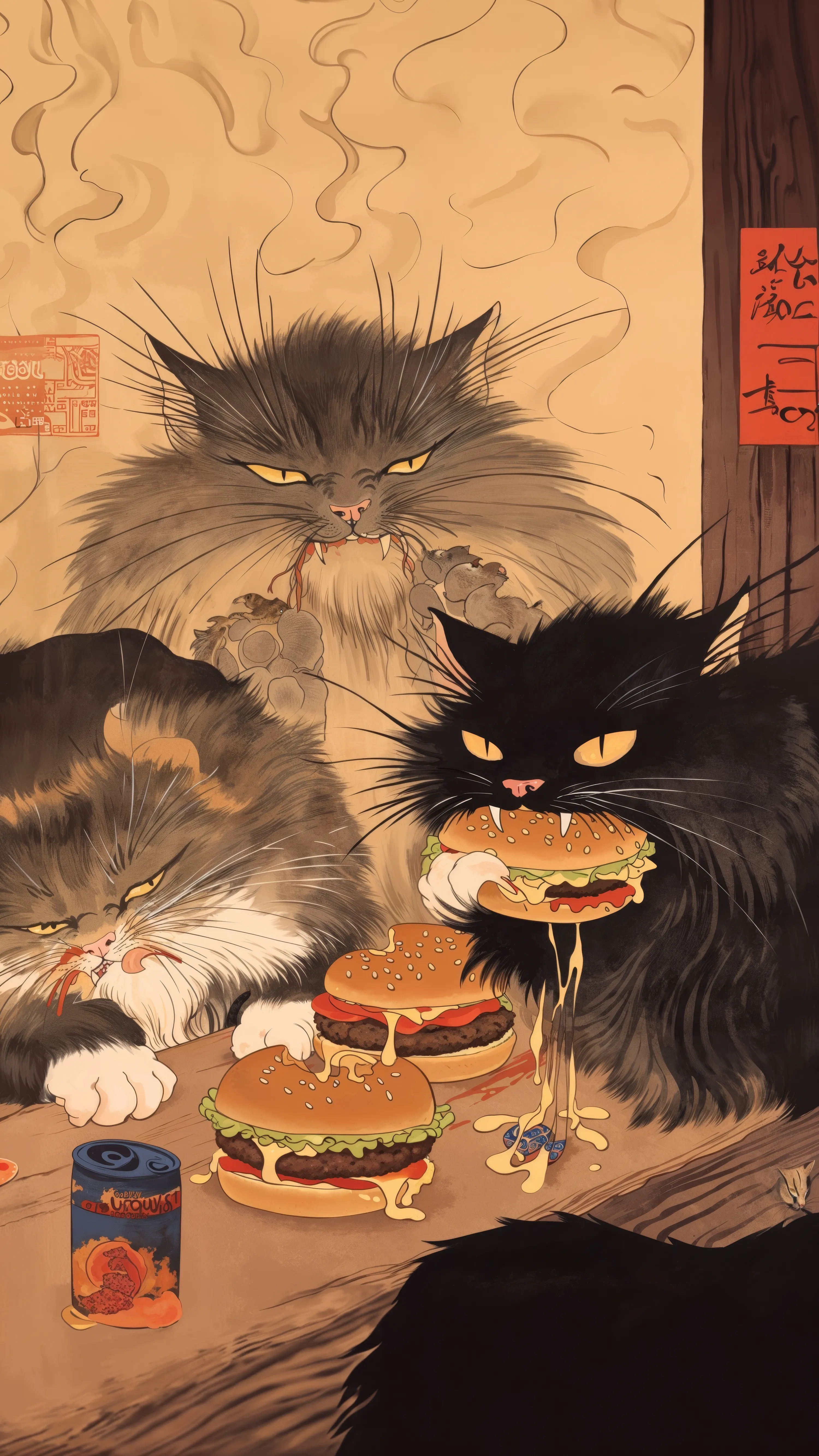 Bāgā Neko (バーガー猫)

Whiskers twitch, eyes gleam,
Burgers sizzle, cats convene,
Izakaya dream.

Feline feast begins,
Under lanterns, purrs and grins,
Night's culinary sins.

In the moon's soft glow,
Contented meows echo,
Sated, they move slow.

This image is created with the assistance of AI. 