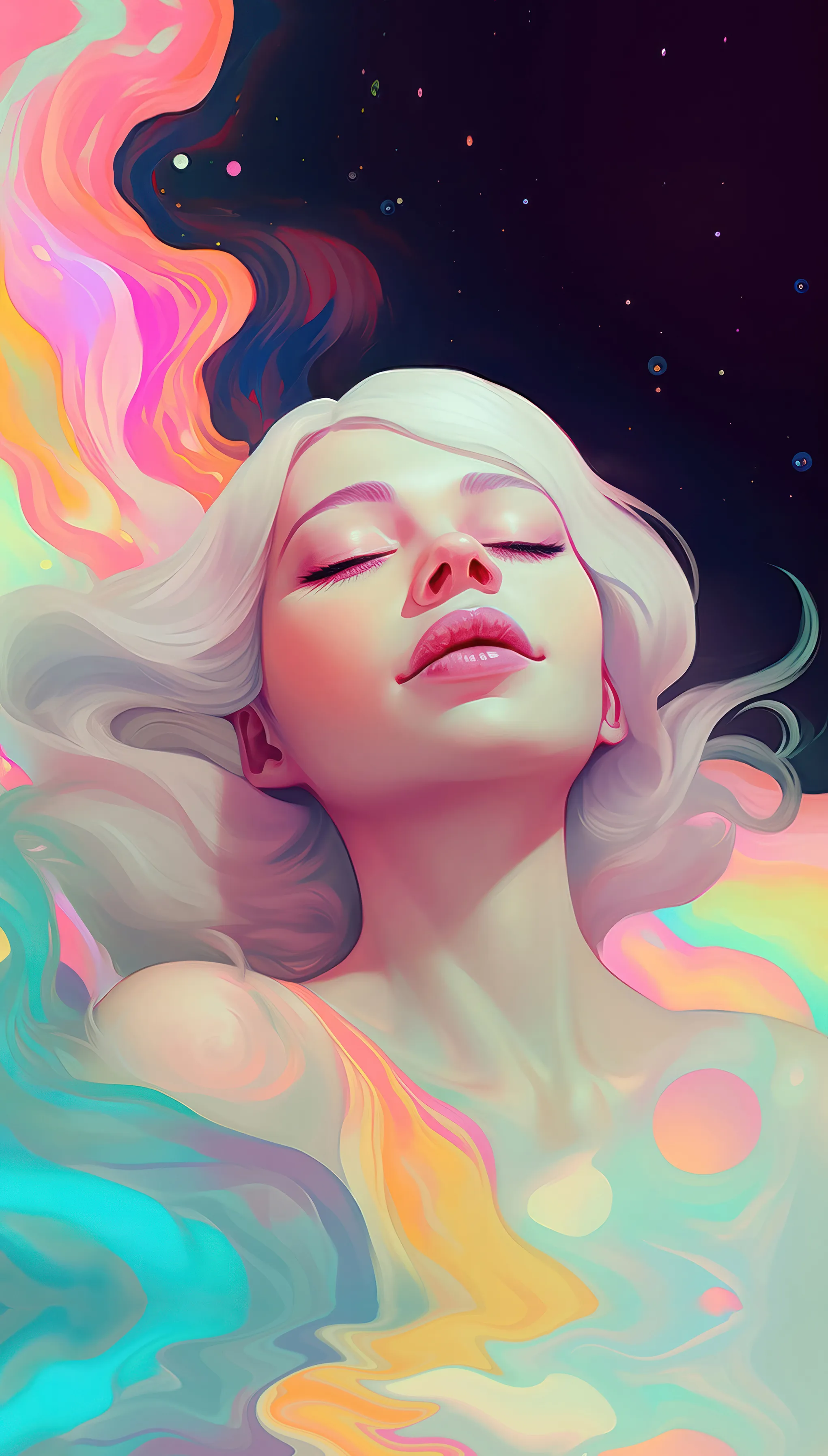 "Weightless" is an AI-produced image that is inspired by the feeling of weightlessness and euphoria experienced during moments of intense emotion. Endorphins and other chemicals released in the brain during these moments can create a sense of floating and detachment from the physical body.  Weightless shows the way it feels when your emotions lifts your spirit so high that it seems to carry you away in a wave of colour.