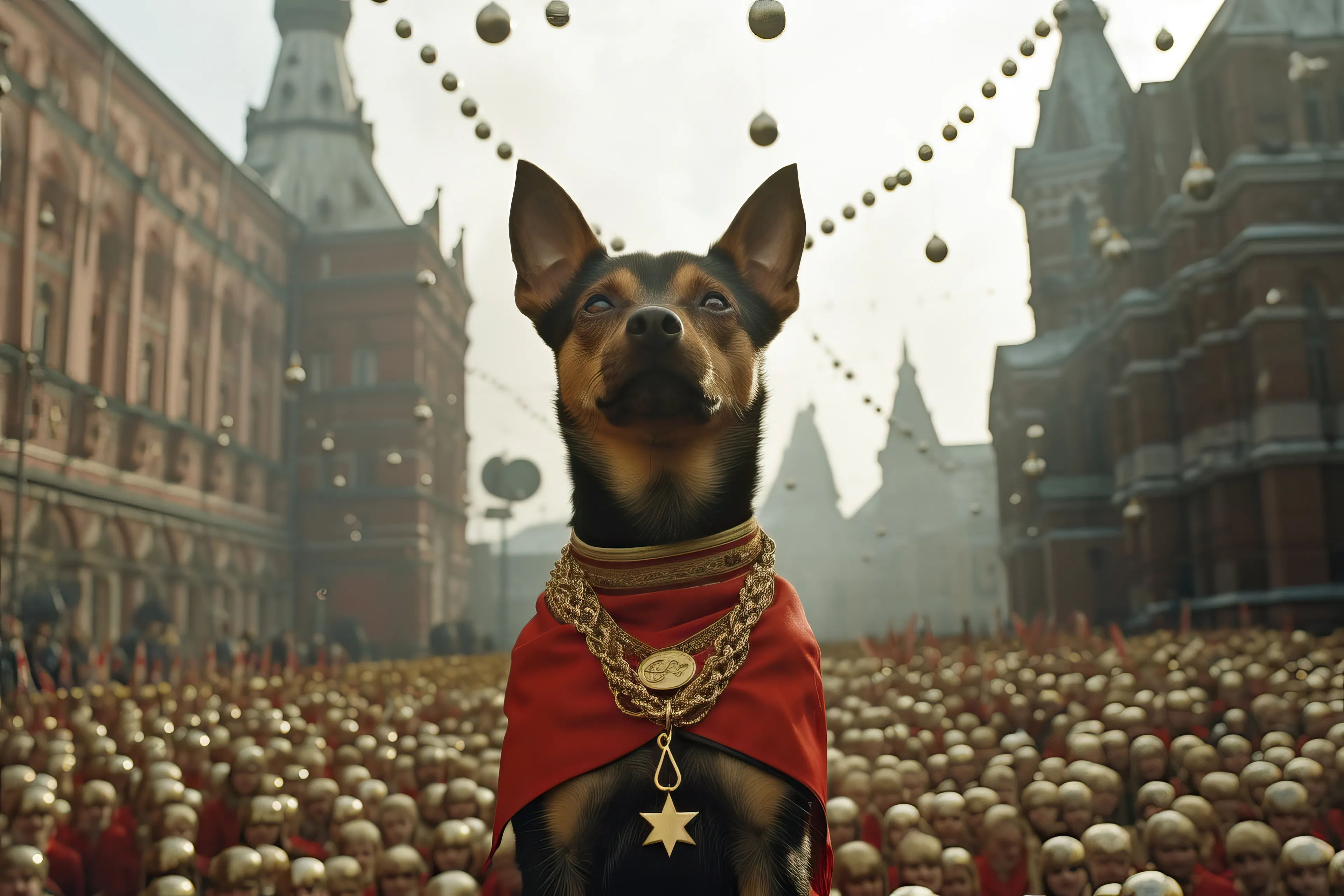 In the midst of the 1950s Space Race, the imminent launch of Sputnik 2 took an abrupt turn. A top-secret communiqué from the Kremlin mandated a complete redesign of the spacecraft. Rumor had it that Khrushchev himself had been moved by his young granddaughter's tearful plea, asking not for the glory of space conquest, but for the safe return of Laika, the dog who was to make the journey. Engineers scrambled, working around the clock to equip Sputnik 2 with a cutting-edge re-entry pod and a life support system. 

Laika launched into orbit on November 3. For three days, she circled the Earth while ground control watched. On the fourth day, re-entry began. After a tense descent, Sputnik 2 splashed into the Barents Sea. The world exhaled in relief as the recovered pod opened to reveal Laika - shaken, but alive.

Laika recovered and attended a parade in her honour. Where she was awarded a medal and lived on in the hearts and memory of the Russian Space Program. 

This image created with AI.