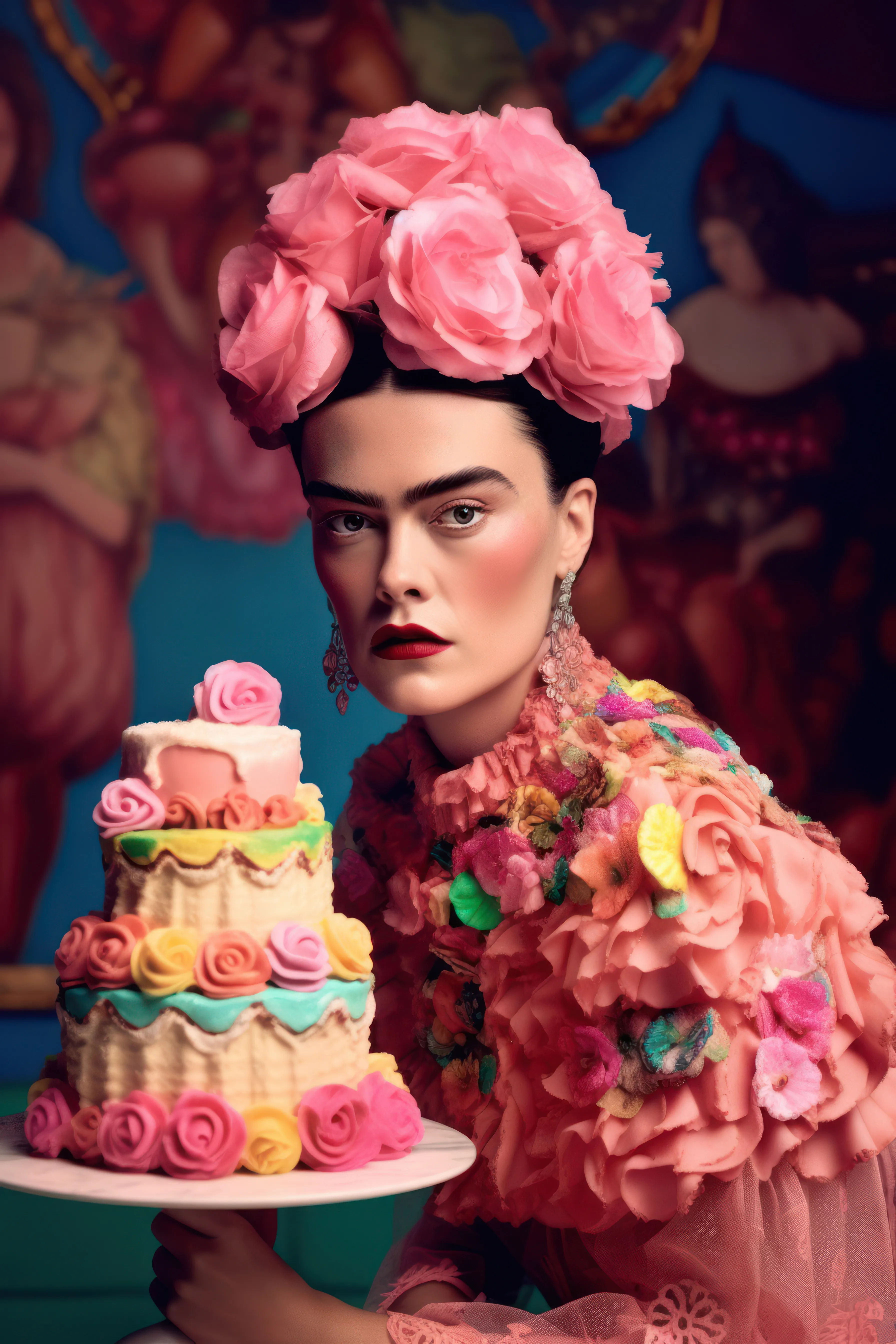 Season: Spring
Collection: Strange Fashion
Designer: Coyoacán High Street Bakery
Model: Frida Kahlo

Frida Kahlo spent the springtime becoming obsessed with ice cream cakes from the best bakery in Coyoacán. She obsessed so much that she had a seamstress collaborate with the baker on designing an outfit to perfectly match this cake. The result is a frosted look, perfect for vibrant spring days. 