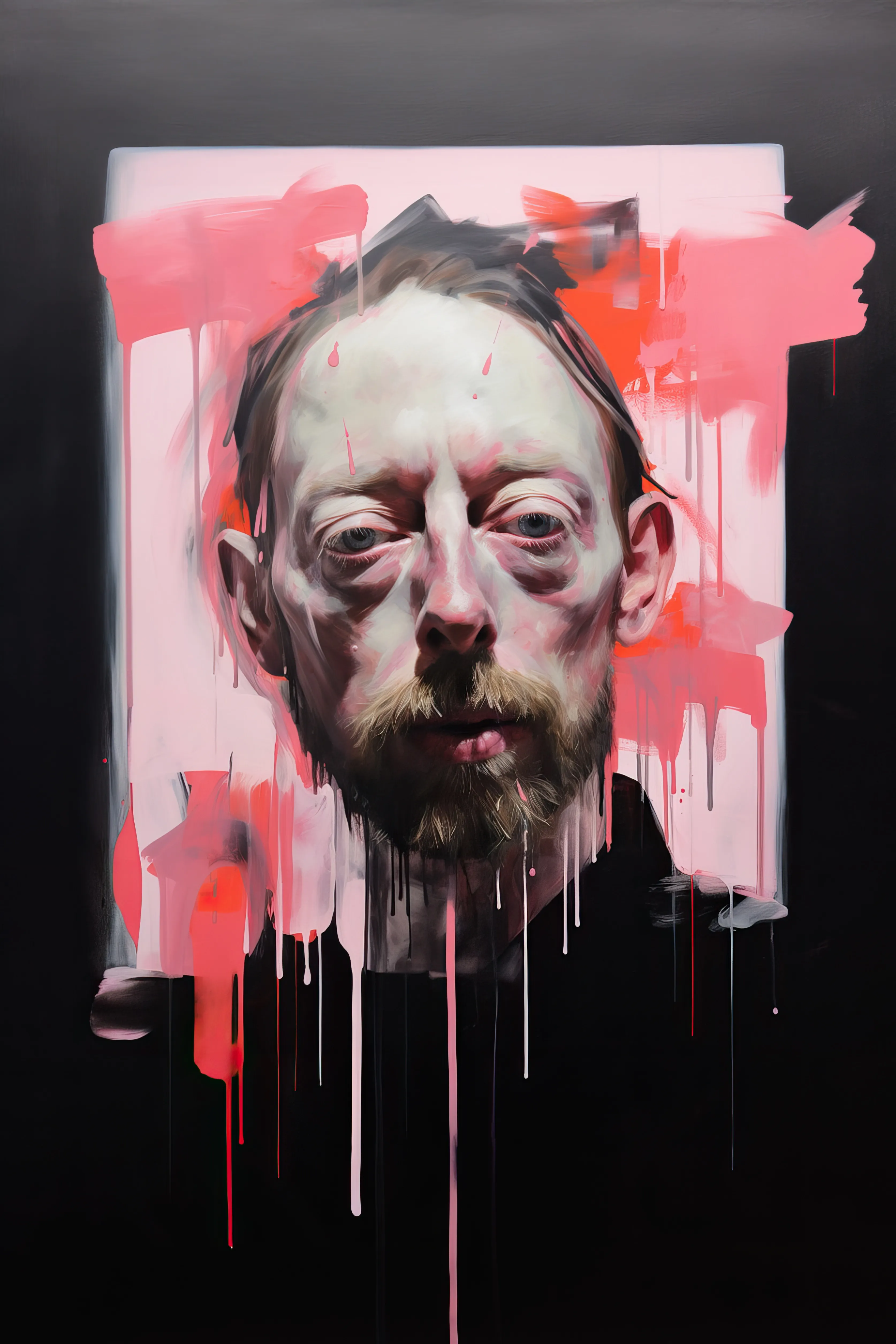 "Weirdo" is an expressive portrait that captures Thom Yorke's distinct sense of otherness, as he often describes in his music. Through bold, expressionistic strokes, this artwork seeks to convey a dissonant atmosphere and the internalized social isolation experienced by those who differ from the mainstream.

This work is an AI created image, created by Nuclear Samurai with assistance from Midjourney, Photoshop and Topaz Gigapixel.