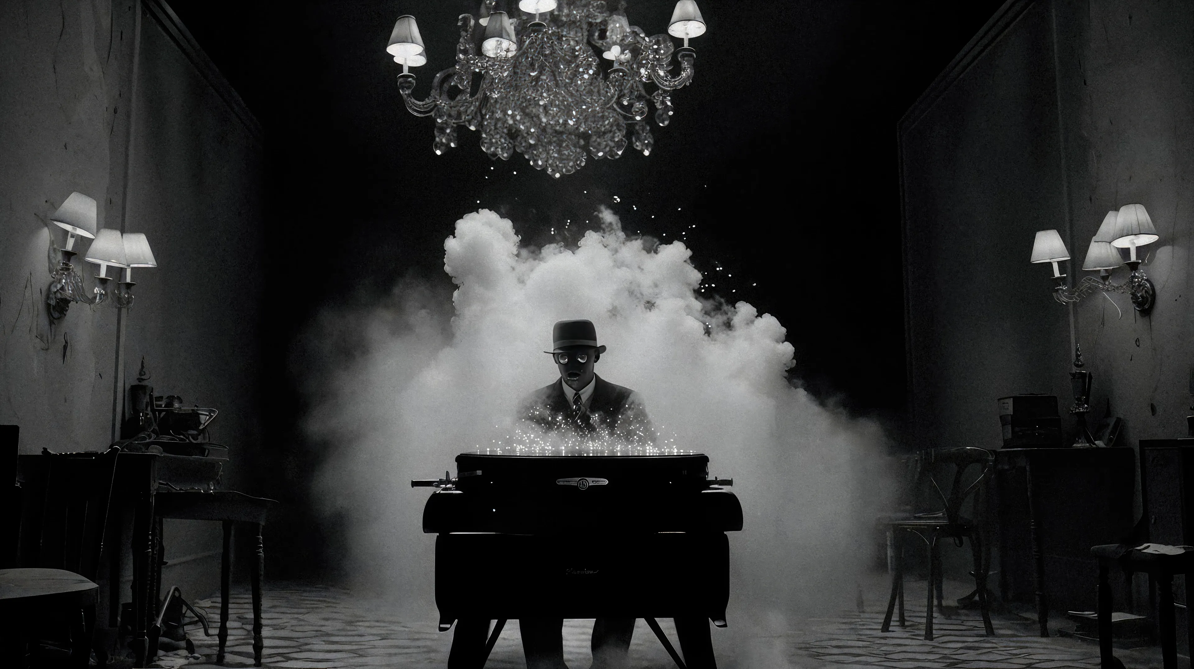 A surreal man sits beneath a chandelier.