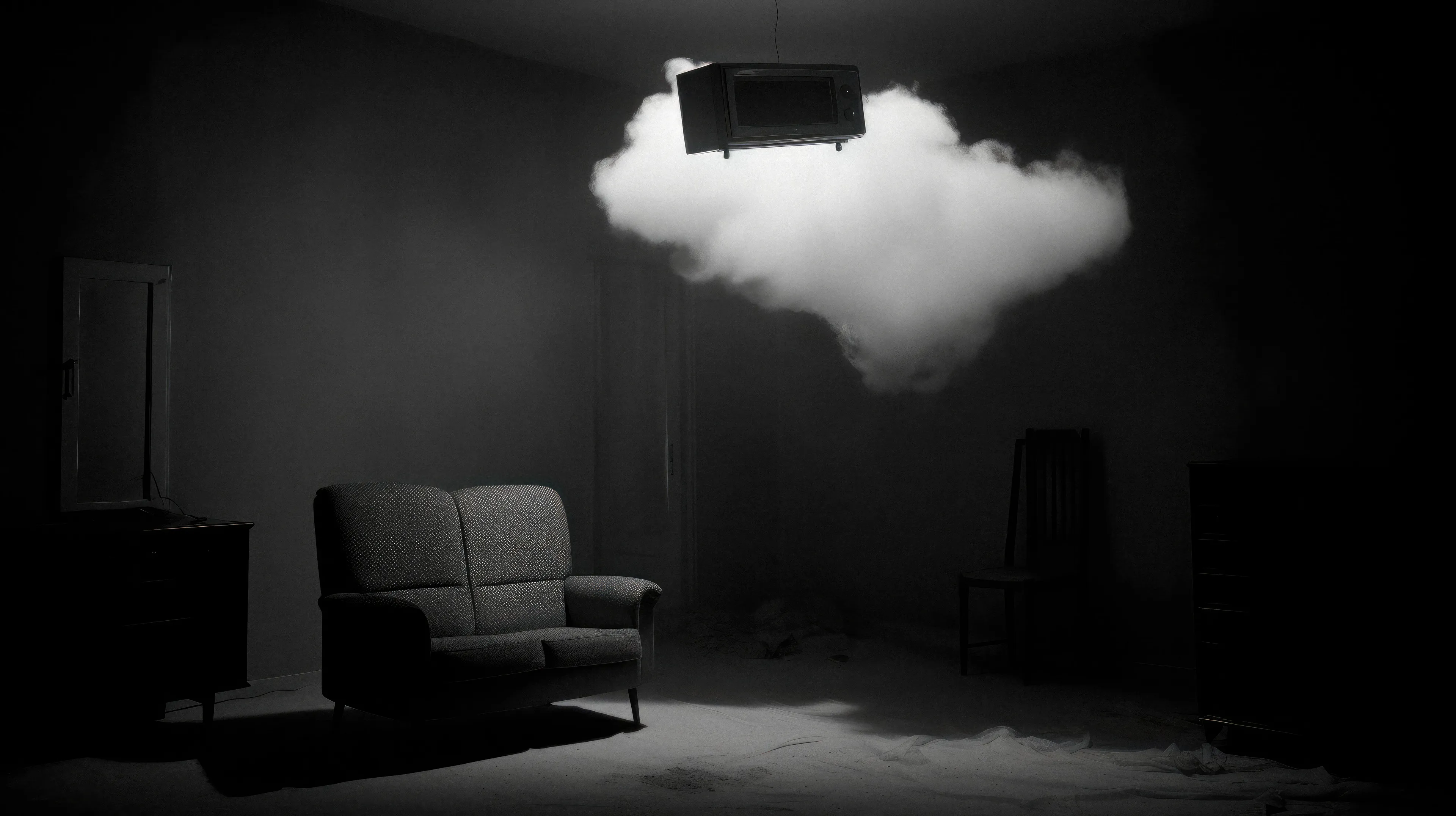 An empty room with a floating television.