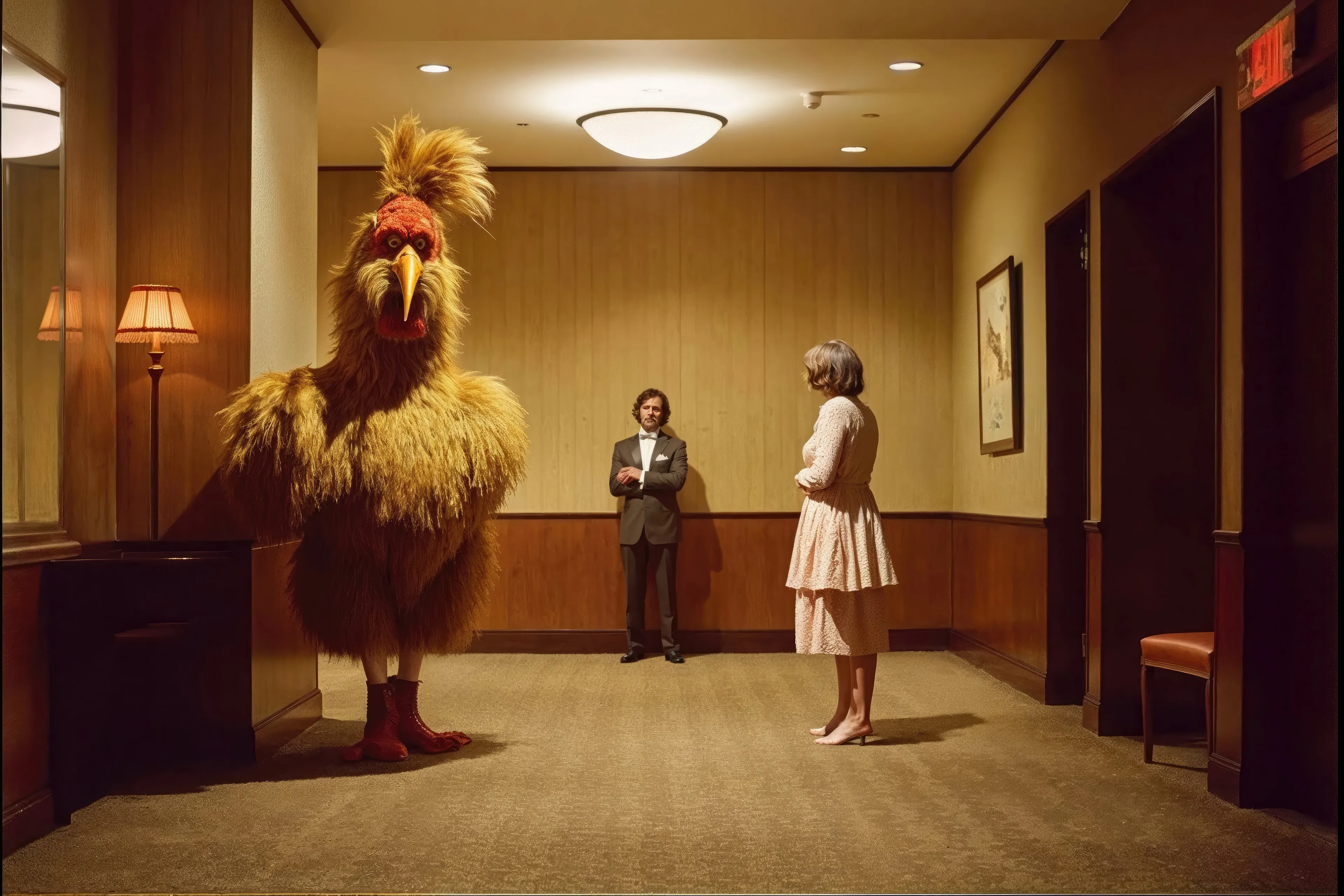 An oversized bird and two companions in a corridor.